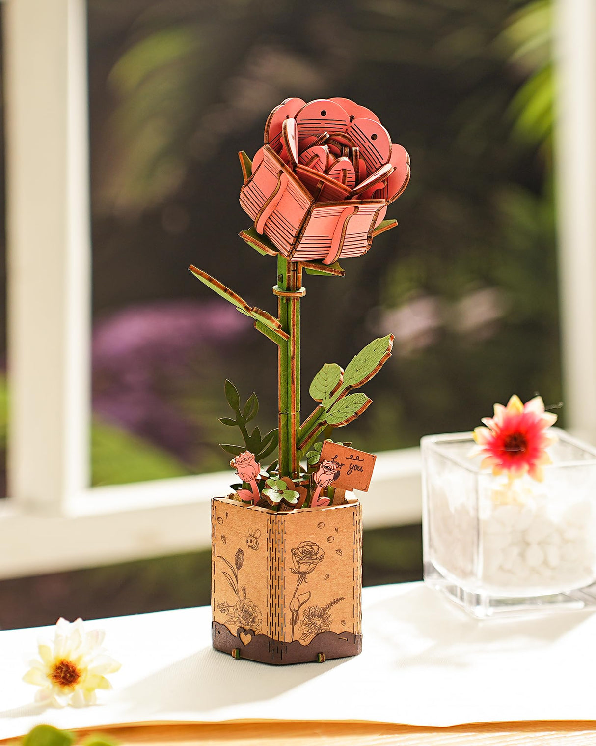 Wowood 3D Flower Wooden Puzzles for Adults-Pink Rose, DIY Wooden Flowers Model Kit Building Set Crafts for Adults to Build, Botanical Collection/Ideal Creative Gift Ideas/Housewarming (104PCS) Wowood