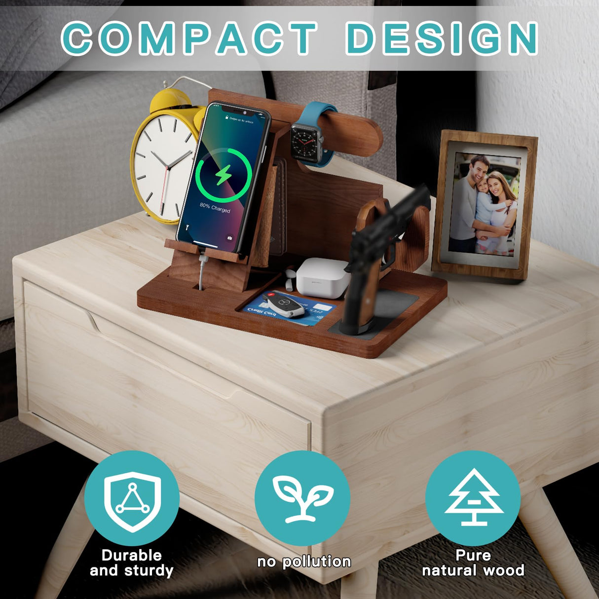 Wood Gun Holder Mens Gift Phone Wallet Docking Station Military Watch Night Stand Key Holder Side Table Charging Station Portable small item storage station DUXCIYHTA