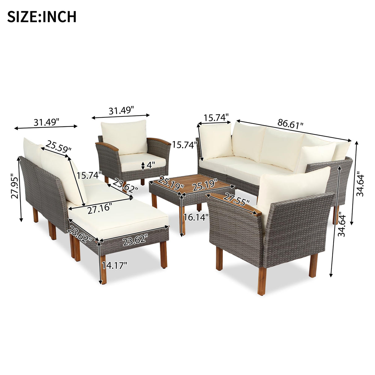 Ziraukon 9-Piece Patio Rattan Furniture Set, Outdoor Patio Furniture, All-Weather Outdoor Wicker Sectional Conversation Set with Arm Chairs and Table, Acacia Wood Legs, Washable Cushion, Beige Ziraukon
