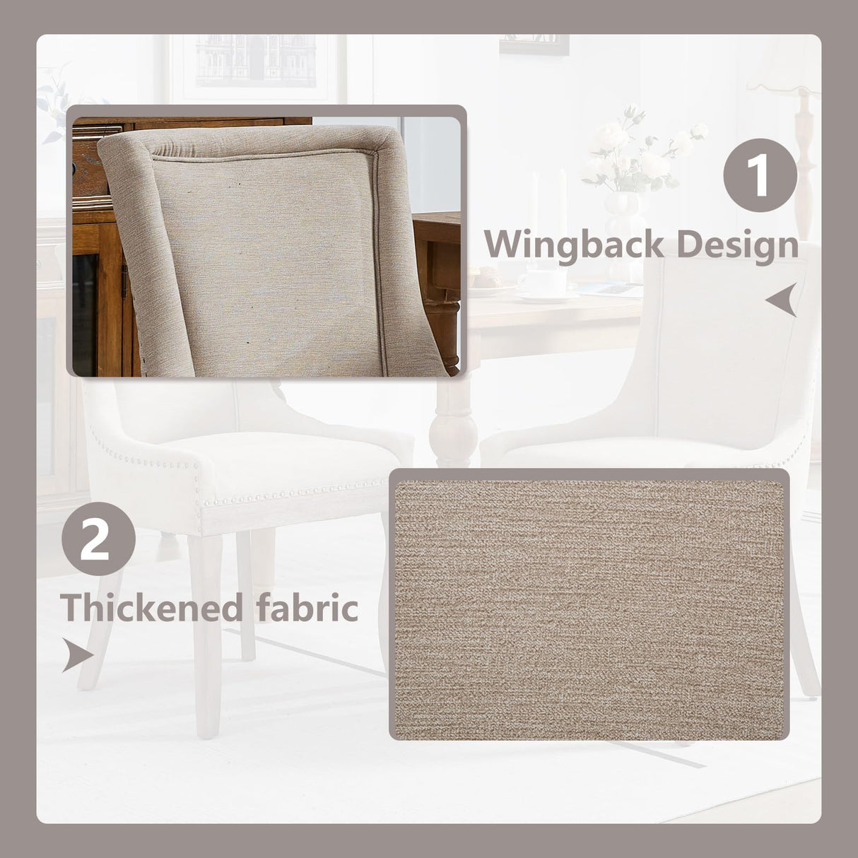 MZDOO Modern Dining Chairs Set of 2, High Back Dining Chairs Side Chairs with Solid Wood Legs, Upholstered Fabric Dining Room Chairs for Dining Room Kitchen, Beige MZDOO