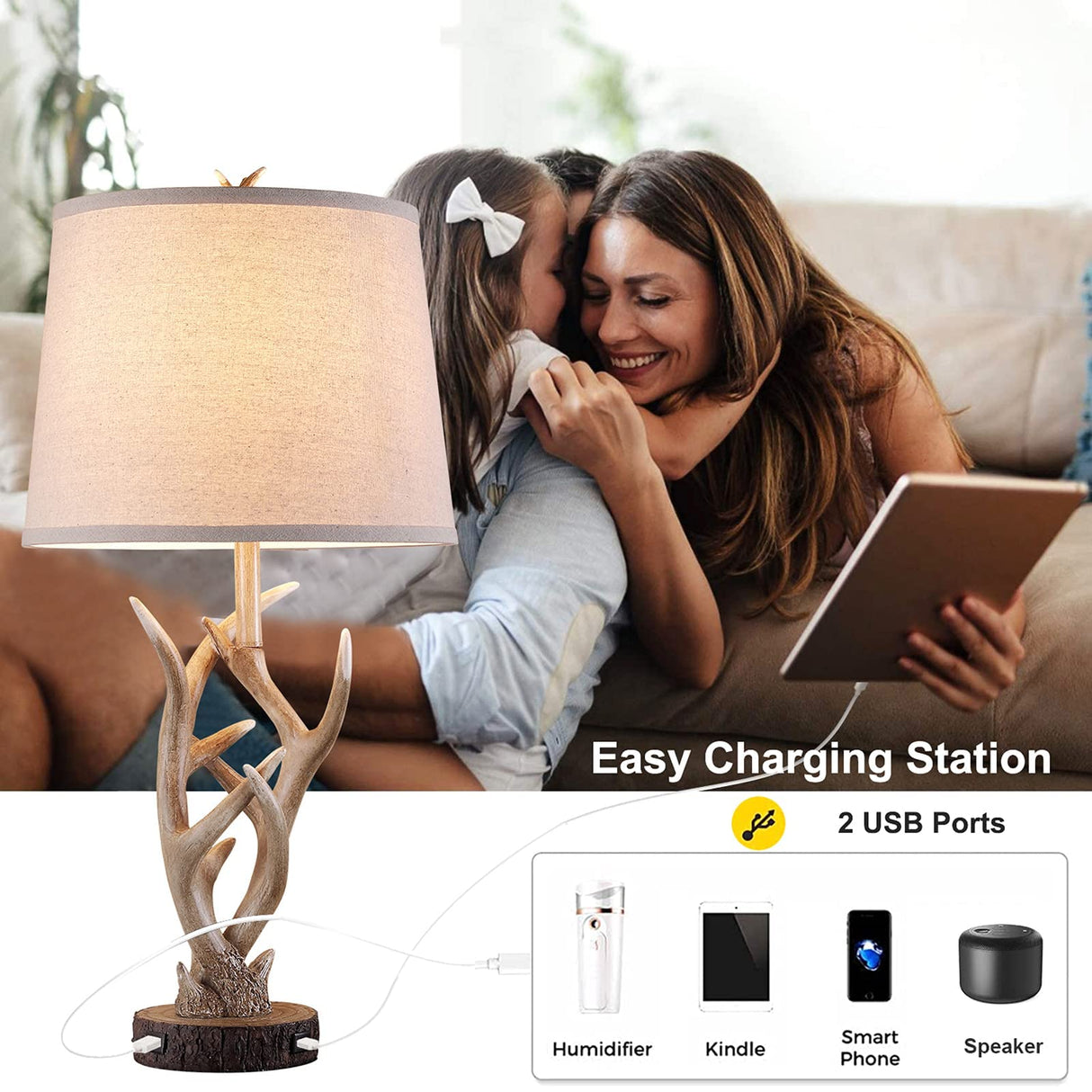 Dungoo Rustic Western Lamp Set of 2 - 26" Farmhouse Table Lamp with 2 USB Ports, Natural Antler Design for Bedroom, Living Room, Office (Rustic Brown) Dungoo