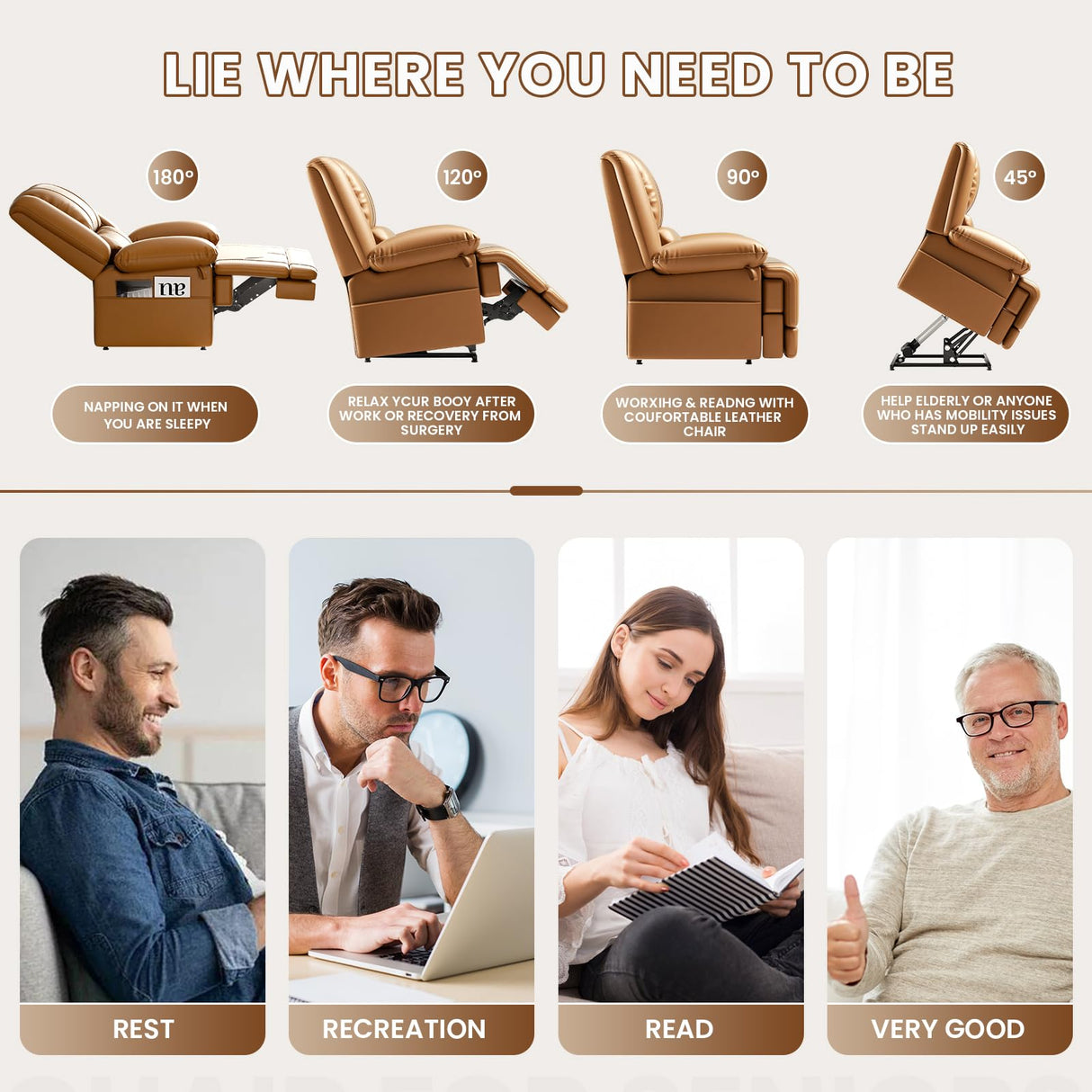 Couchus Large Dual Motor Power Lift Recliner Chair with Massage and Heat for Elderly People, Infinite Position,USB Ports and Remote Control,Breathable Leather Couchus