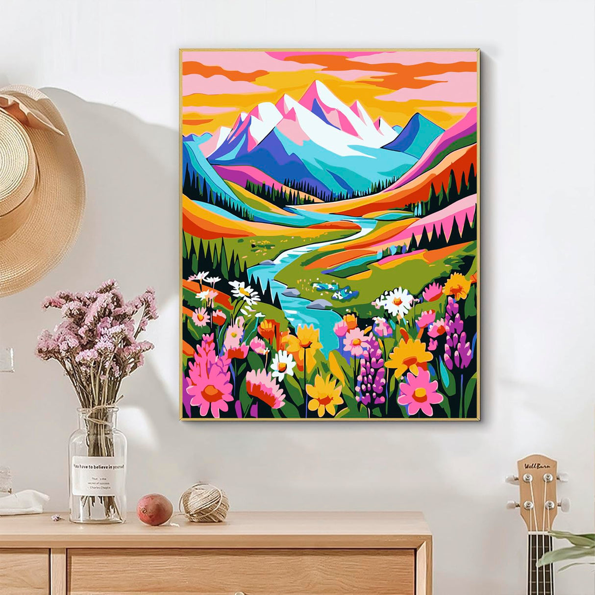 DIYDECORFUN Mountain Paint by Numbers Kit for Adults, Flower Mountain Paint by Numbers Kits for Beginner, Adult Paints by Number Kit on Canvas Adult DIY Arts Crafts for Home Wall Decor(16x20in) DIYDECORFUN