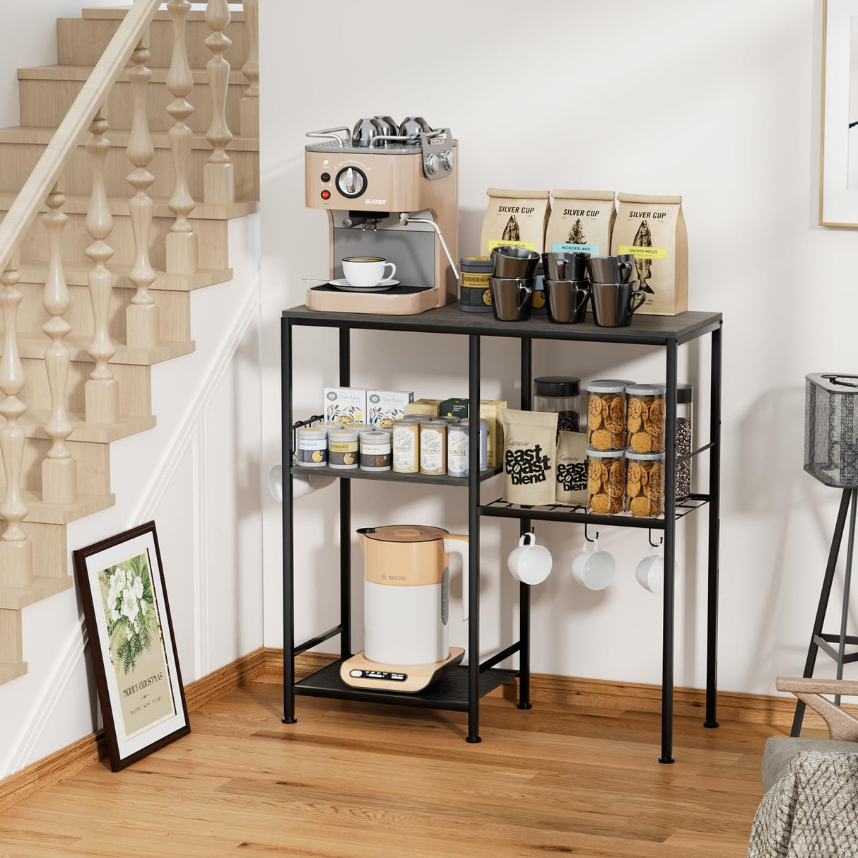 Consumest Bakers Rack with Storage - Microwave Stand and Coffee Bar Cabinet, Multifunctional Pan Organizer with 6 Hooks and 2 Shelves, Microwave Cart for Kitchen, Living Room, Grey&Black Consumest