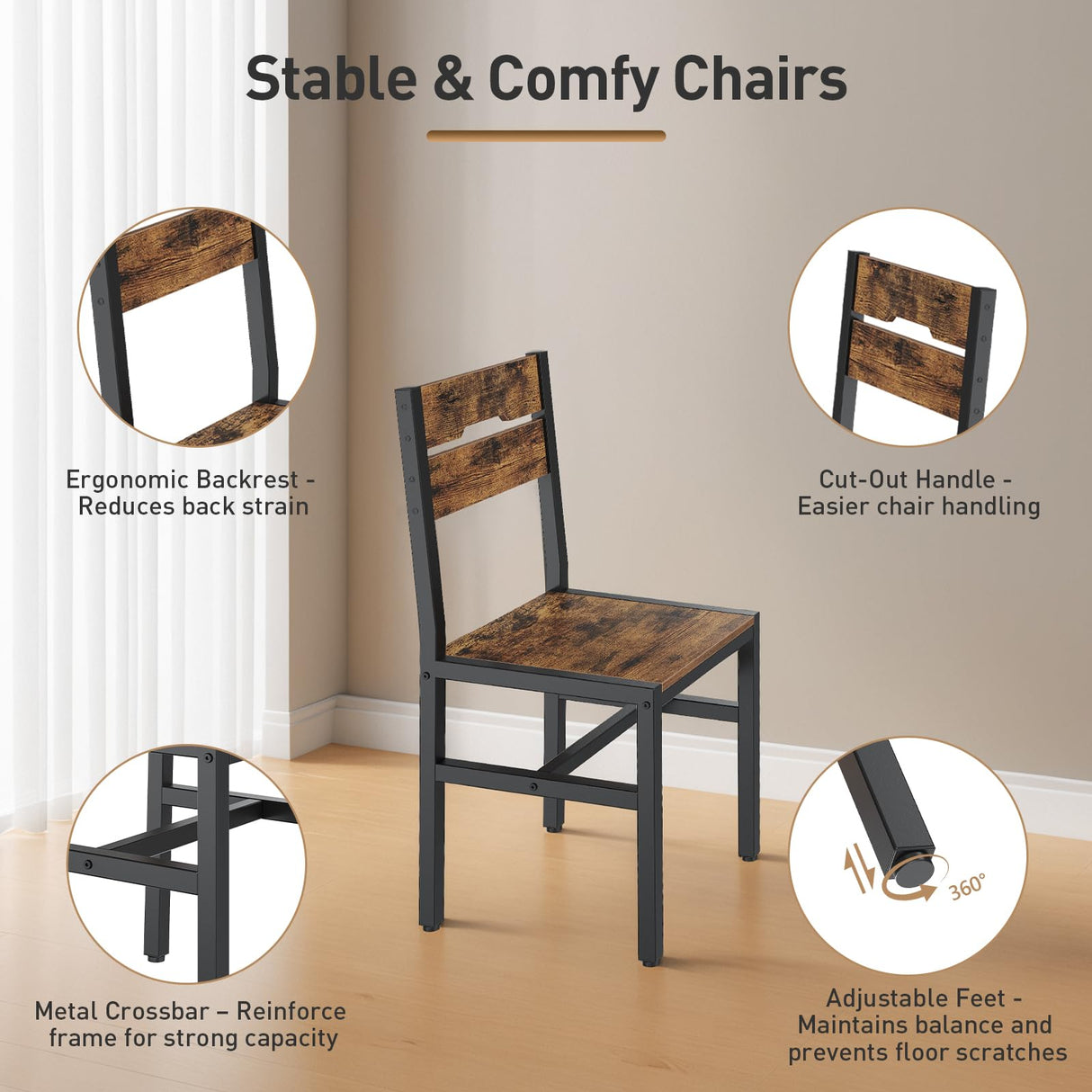 RALGEND Round Dining Table Set for 4, Circle Kitchen Table and 4 Chairs, 5 Piece Dining Table Set, with Wooden Tabletop and Widen Seat, Space Saving, for Dining Room, Rustic Brown and Black RALGEND