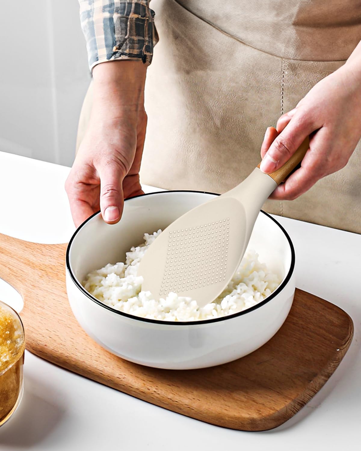 Cooking Spoon and Rice Scooper for Nonstick Cookwares, Great for Cooking and Serving Durable BPA-Free Matte Silicone, Wood Handle Spoon for Mixing, Scoop, and Scrape (KHAKI) Badiano