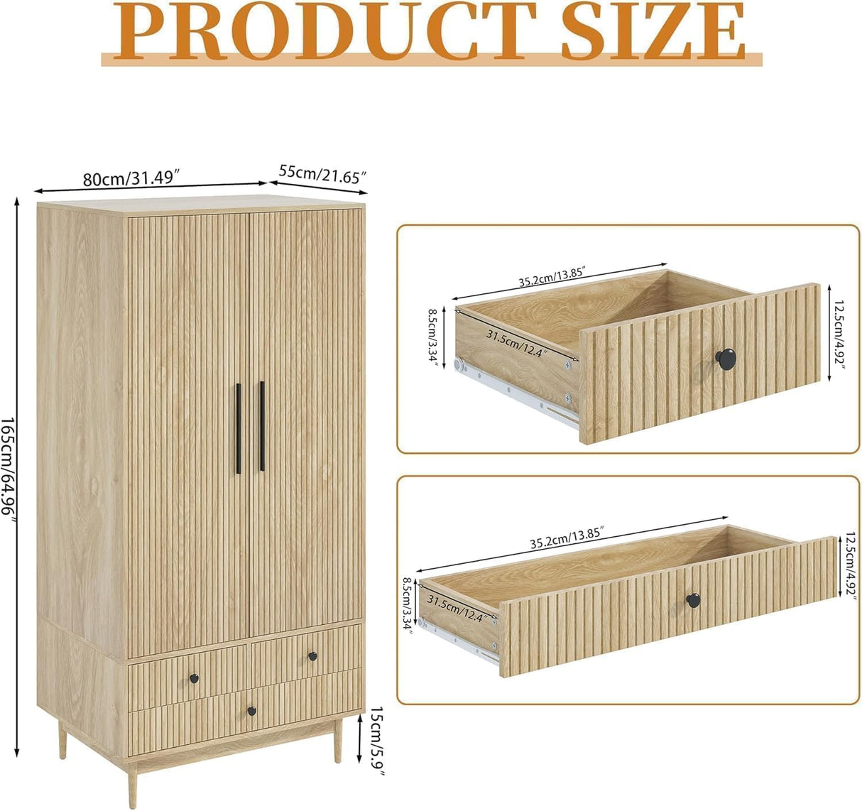 Fsbecl Armoire Wardrobe Closet with Drawers and 2 Fluted Doors 64.96 in Farmhouse Closet Wardrobe Cabinet with Hanging Rod Freestanding Wooden Bedroom Armoire Storage Cabinet with Shelf (Wood Color) Fsbecl
