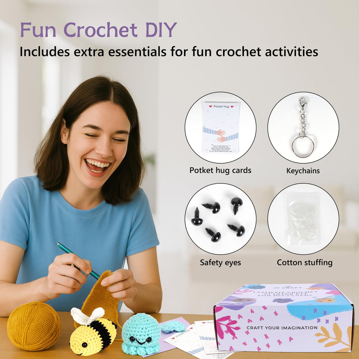 JC CRAFT Deluxe Beginner Crochet Kit – 116-Piece Set with 20 Yarns, Ergonomic Hooks, Accessories, Book for Beginners & Online Tutorial – DIY Starter Kit for Adults & Kids with Purple Bag & Case JC CRAFT