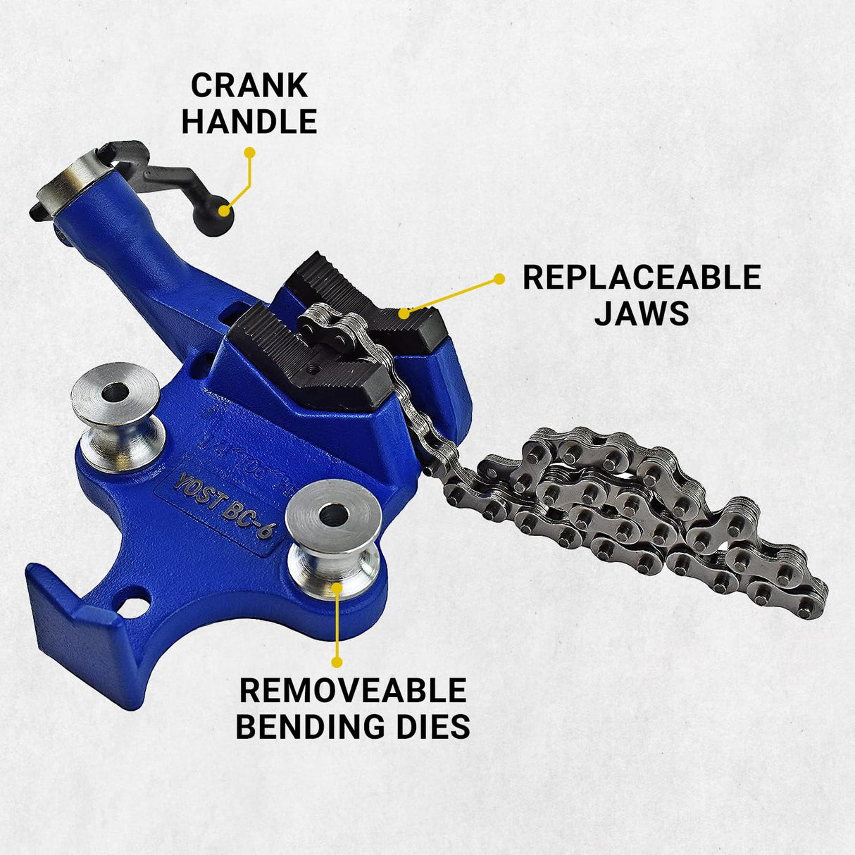 Yost Vises BC-6 Bench Chain Vise | 1/4 Inch to 6 Inch Pipe Clamp Capacity | Work Bench Vise | Heavy Duty Cast Iron Body and Durable Leg Chain | Blue Yost Tools