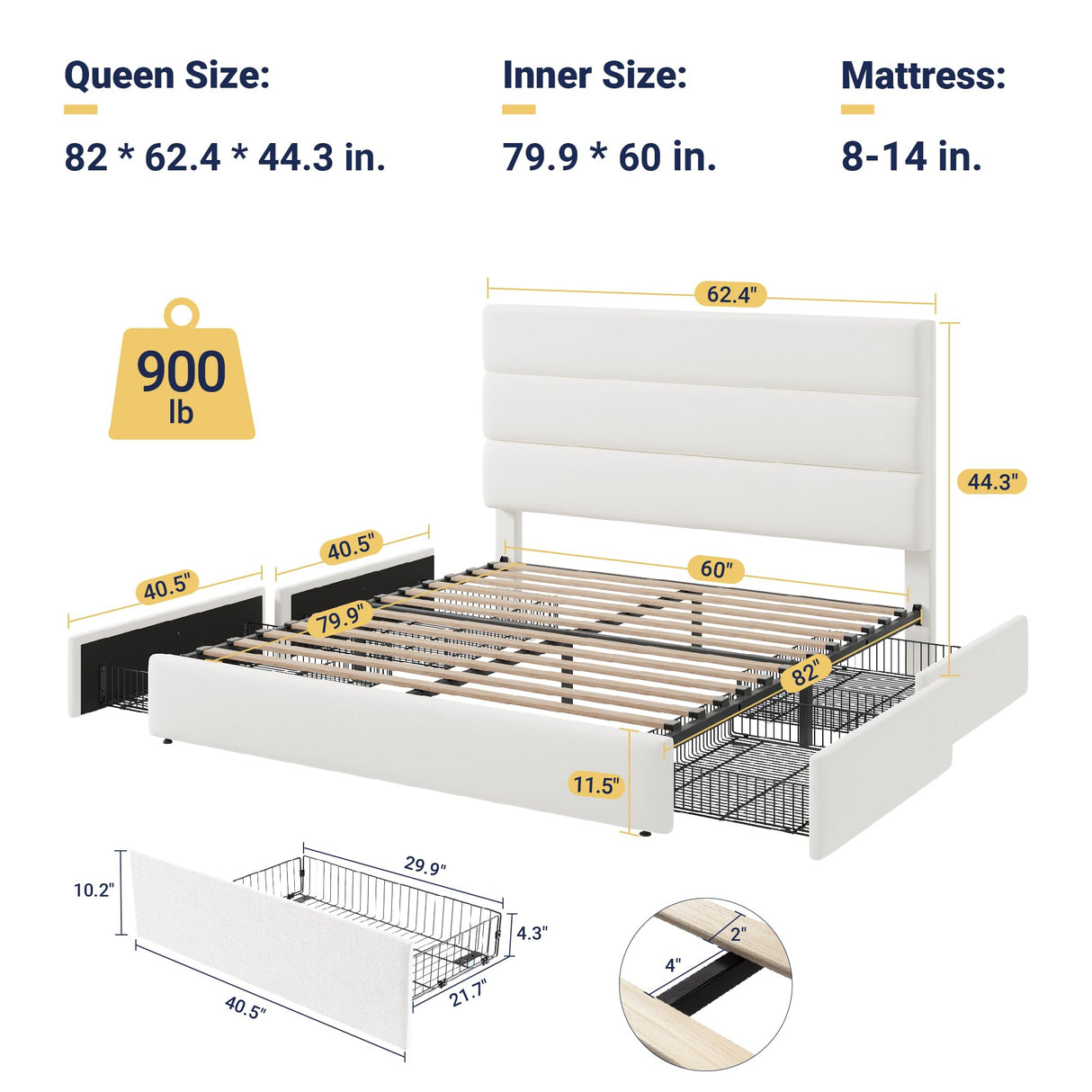Allewie Modern Queen Size Platform Bed Frame with 4 Storage Drawers and Velvet Upholstered Headboard, Wooden Slats Support, Upholstered Mattress Foundation/No Box Spring Needed/Easy Assembly, White Allewie