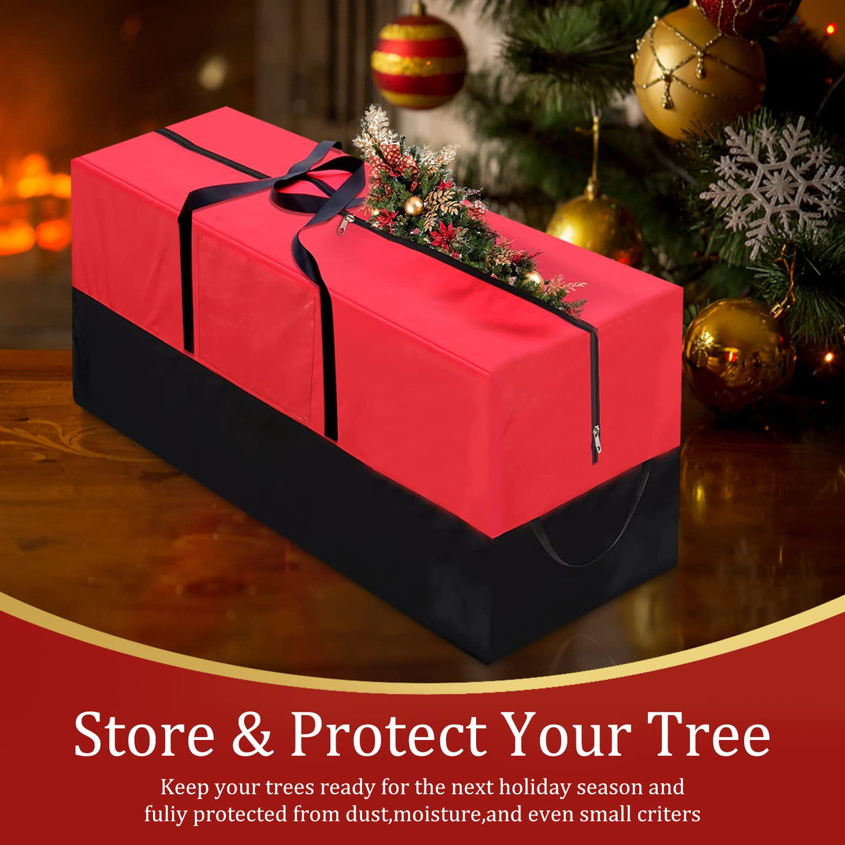Christmas Tree Storage Bag, Fits Up 10 Ft Tall Artificial Trees-Heavy Duty Holiday Storage Box with Durable Reinforced Handles & Zipper & Transparent Pocket- 600D Oxford Tree Storage Container, Red PLTCAT