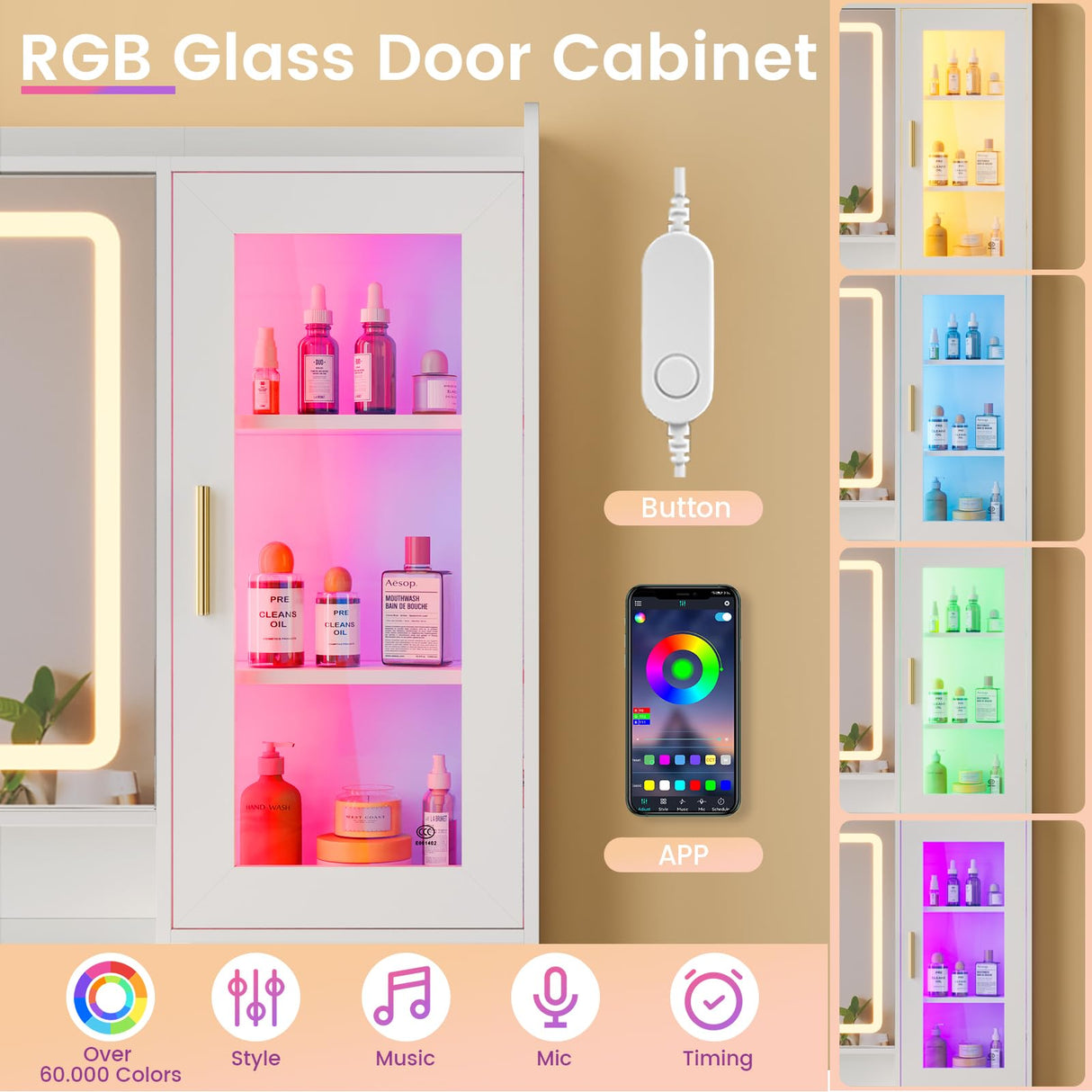 DICTAC Makeup Vanity Desk with Sliding LED Lighted Mirror, 47.2"W Large Vanity Desk with Drawers, Shelves and Side Storage, RGB Glass Cabinet, White Vanity Table Set with Charging Station for Bedroom DICTAC