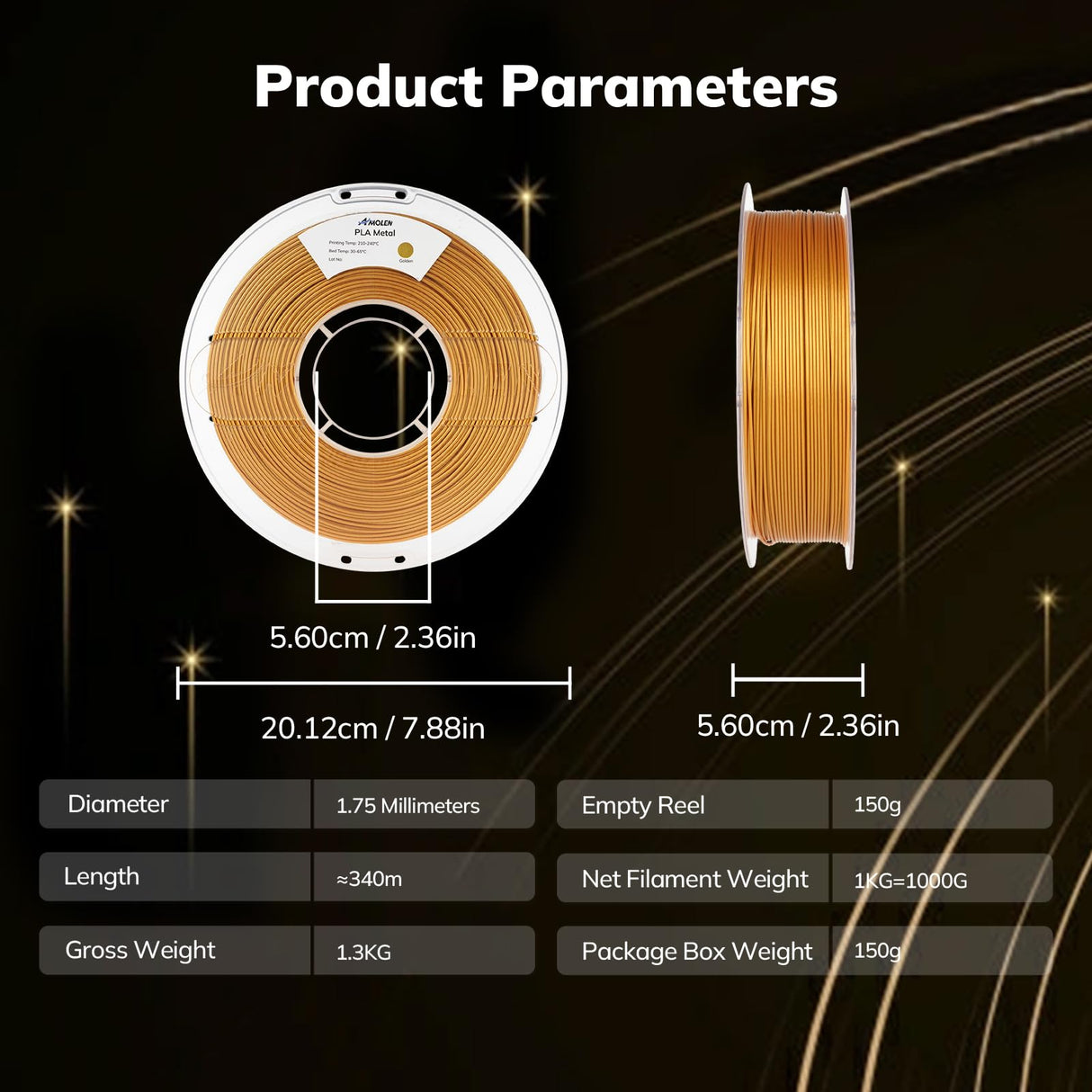 AMOLEN 3D Printer PLA Filament 1.75mm, True High Speed 500mm/s Filament Gold PLA, Smooth & Non-Tangle, Dimensional Accuracy +/- 0.02 mm, 1kg Spool (2.2lbs), Fits for Most FDM 3D Printer AMOLEN