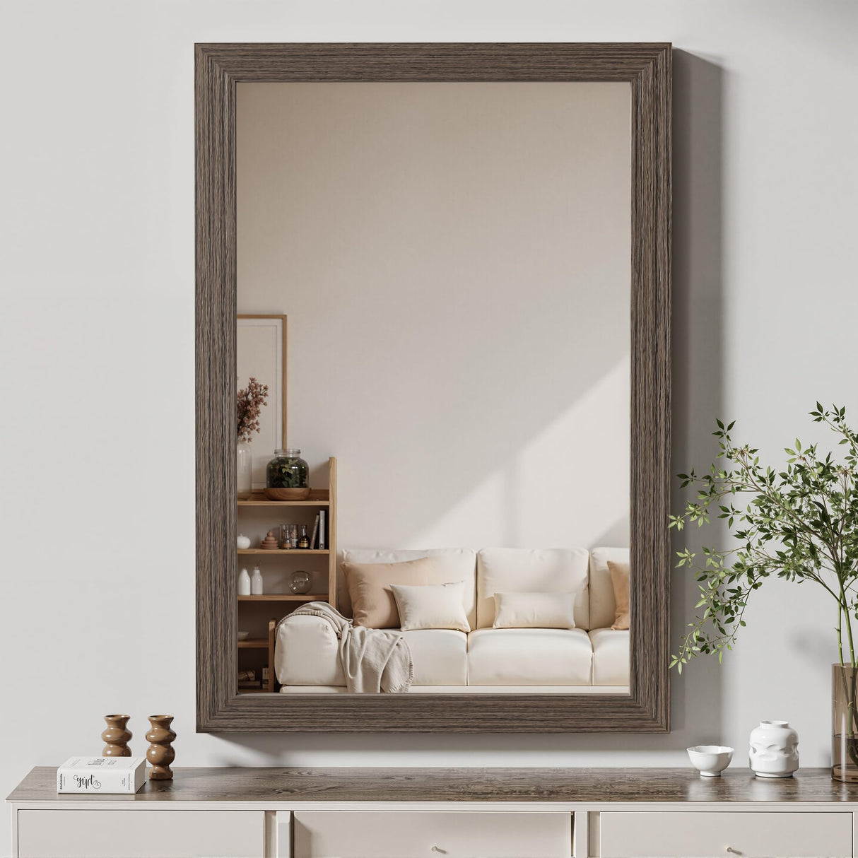 Bathroom Mirror for Wall with Wooden Frame, 36"x24" Rustic Farmhouse Vanity Mirror with Solid Wood Frame, Rectangular Wall-Mounted Mirror for Bathroom, Living Room, or Entryway TRAHOME
