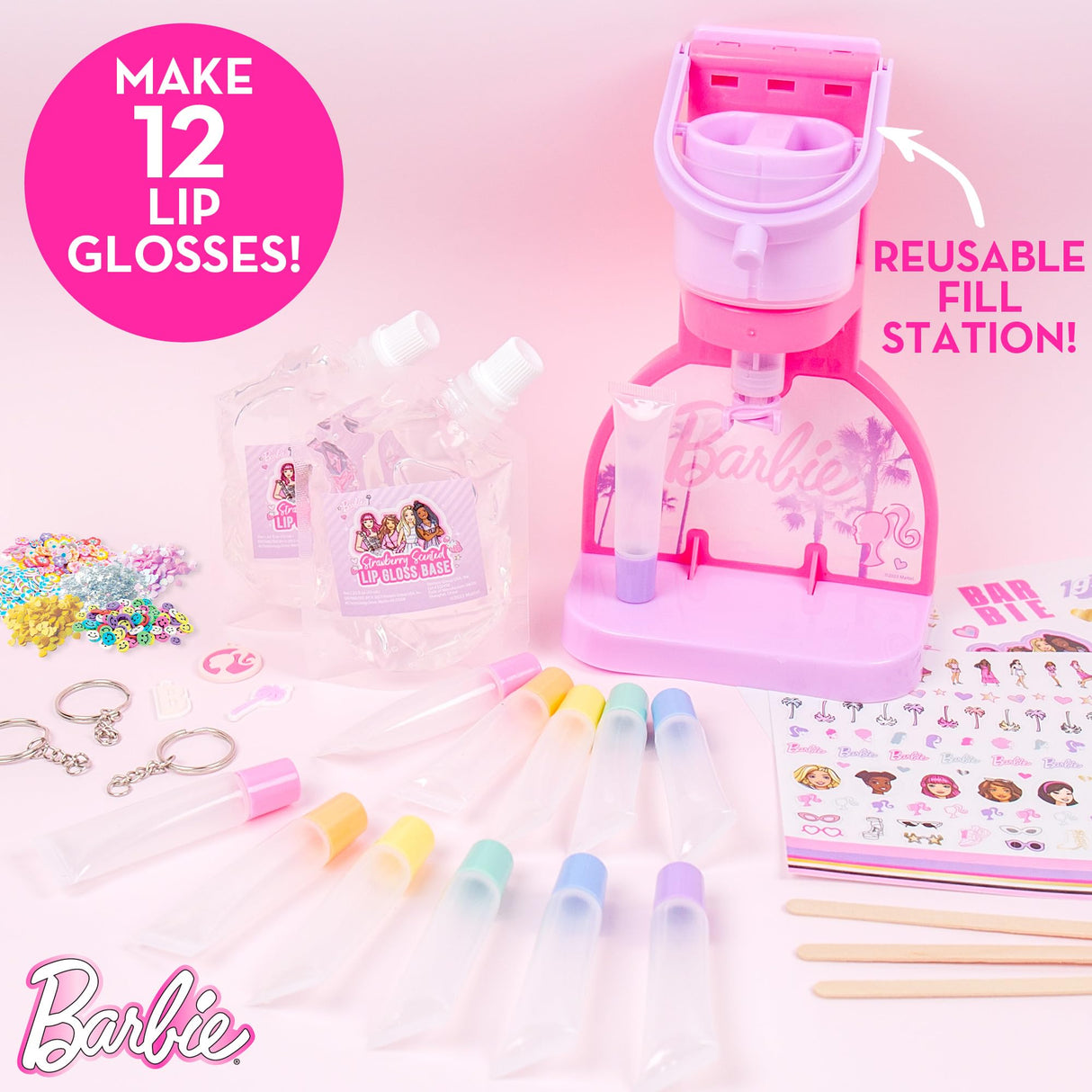 Horizon Group USA Barbie Sweet Shop Lip Gloss Making Kit, Makes 12 Barbie Accessories, Barbie Lip Glosses & Keychains, Arts and Crafts kit for Kids Ages 6+, Gifts for 6 Year Old Girl Barbie