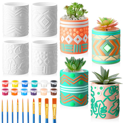 SiliFine Set of 11 Paint Your Own Kit DIY Flower Pot Painting Includes 8 Pcs Unpainted Ceramic Succulent Planters 2 Pcs Color Paints 1 Set Paint Brushes for Classroom Craft Activity (Bohemian)