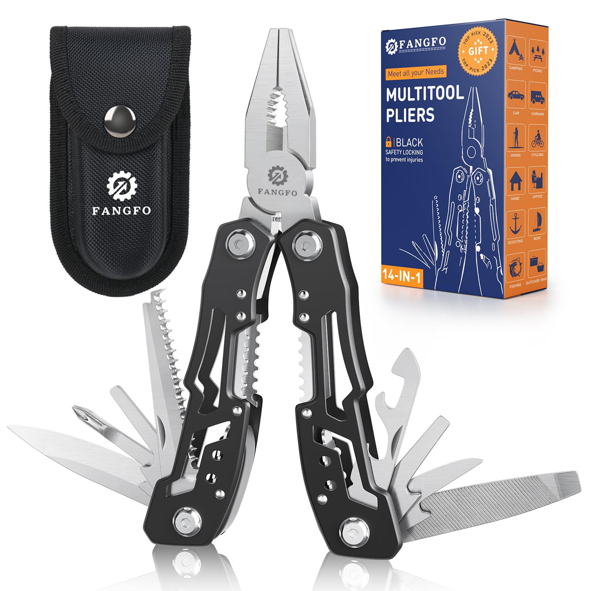 14-In-1 Multitool with Safety Locking, Professional Stainless Steel Multitool Pliers Pocket Knife, Bottle Opener, Screwdriver with Nylon Sheath ,Apply to Survival,Camping, Hunting and Hiking fangfo