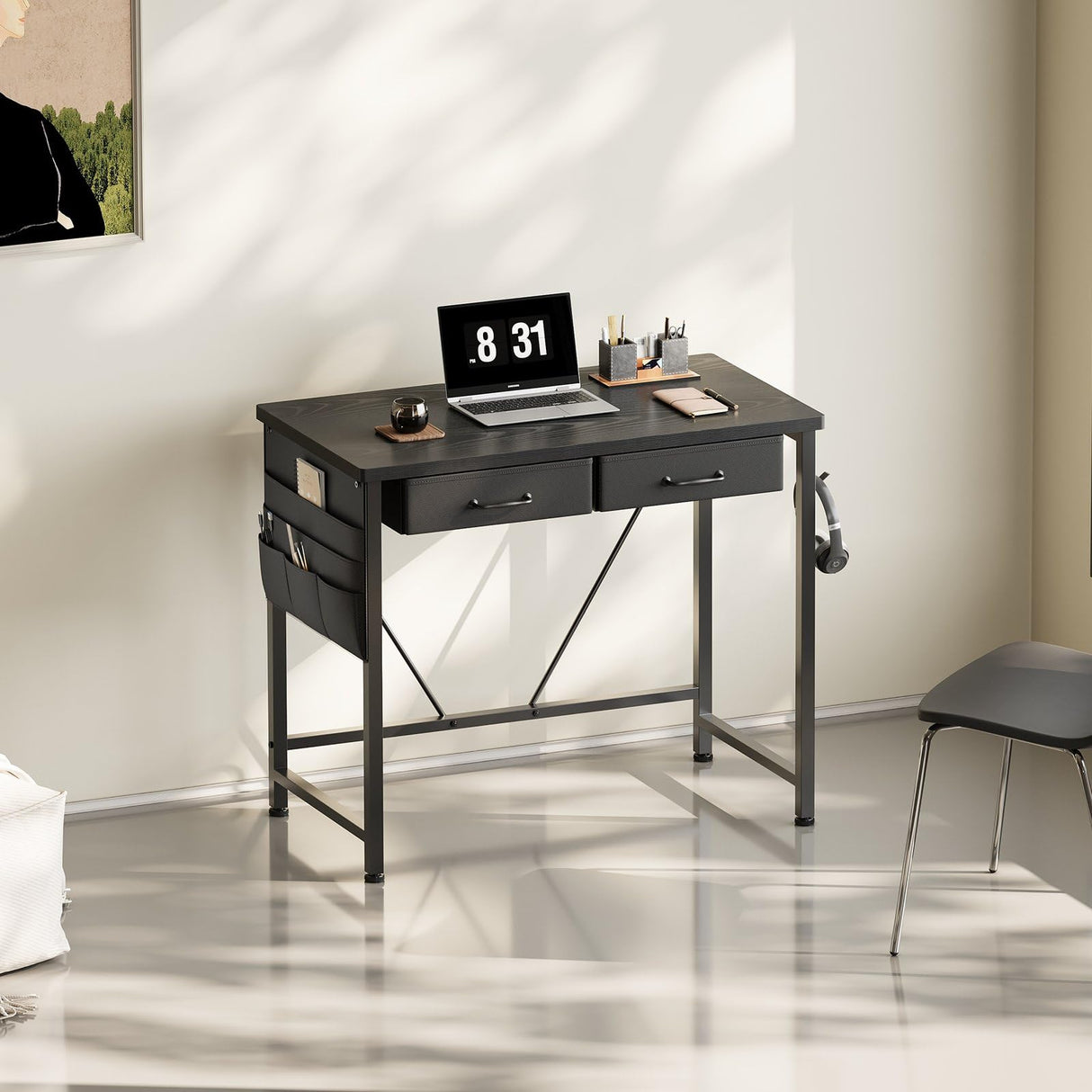Maihail Maihail Small Desk with Drawers, 31.5 inch Small Computer Desk with Drawers, Writing Desk for Small Spaces, Small Office Desk with Metal Frame, Black Maihail