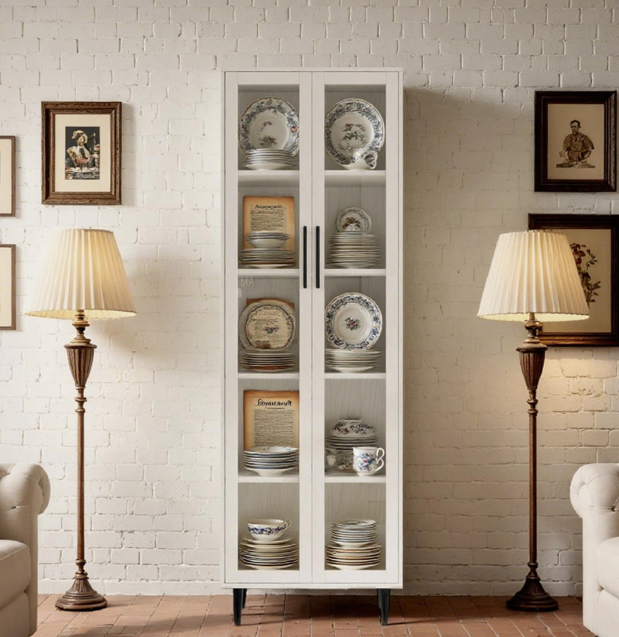 TUSY 70.9“ H Display Cabinet with Glass Doors, 5-Tier Curio Cabinet, Narrow Display Bookcase for Home, Office, Clinic, Pantry (White) TUSY