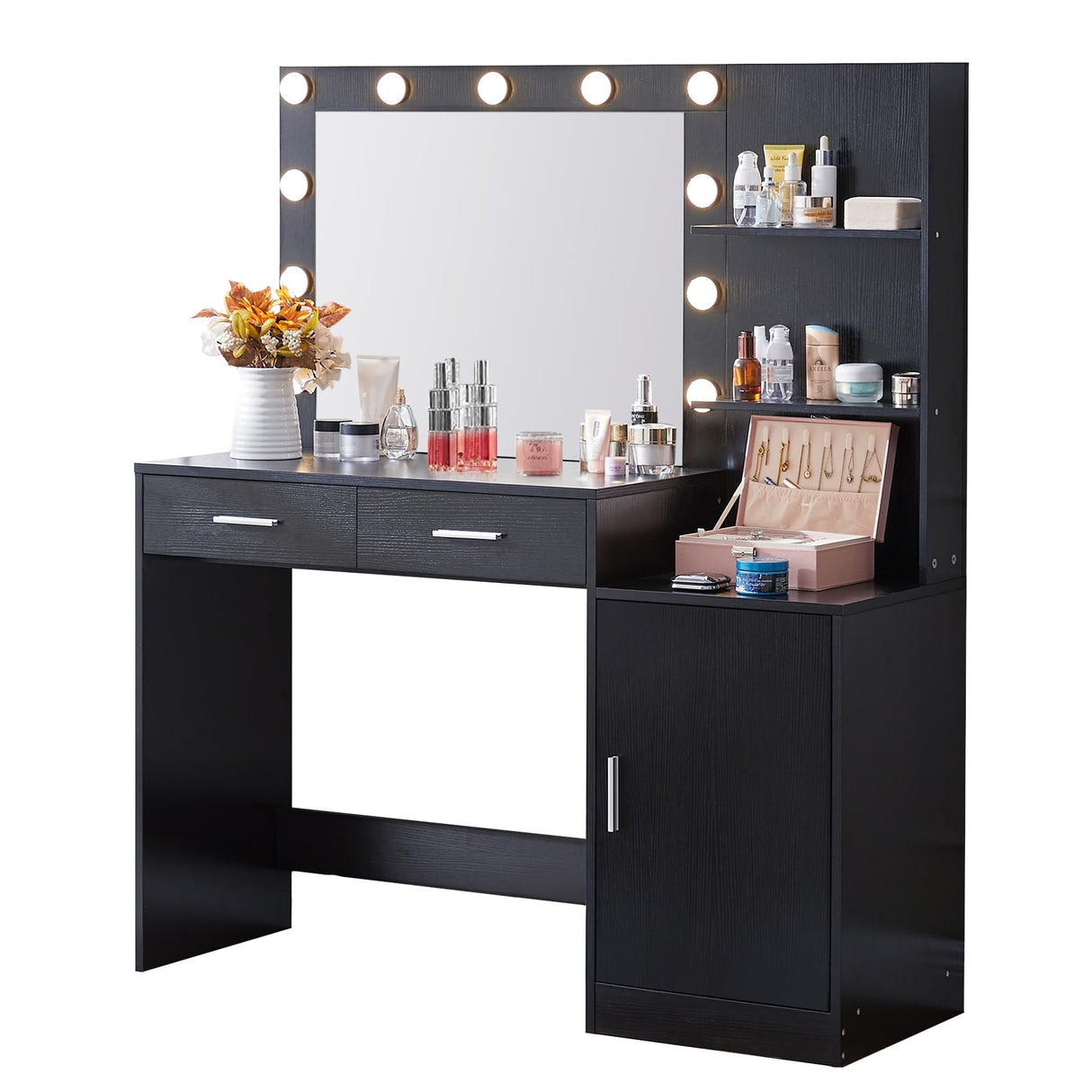 MIRROTOWEL 46.7IN Vanity Desk with Mirror and Lights, Dressing Table with 2 Large Drawer&Large Vertical Organizer, 3 Level Dresser & 3 Lighting Modes Adjustable Brightness, Suitable for Bedroom(black) MIRROTOWEL