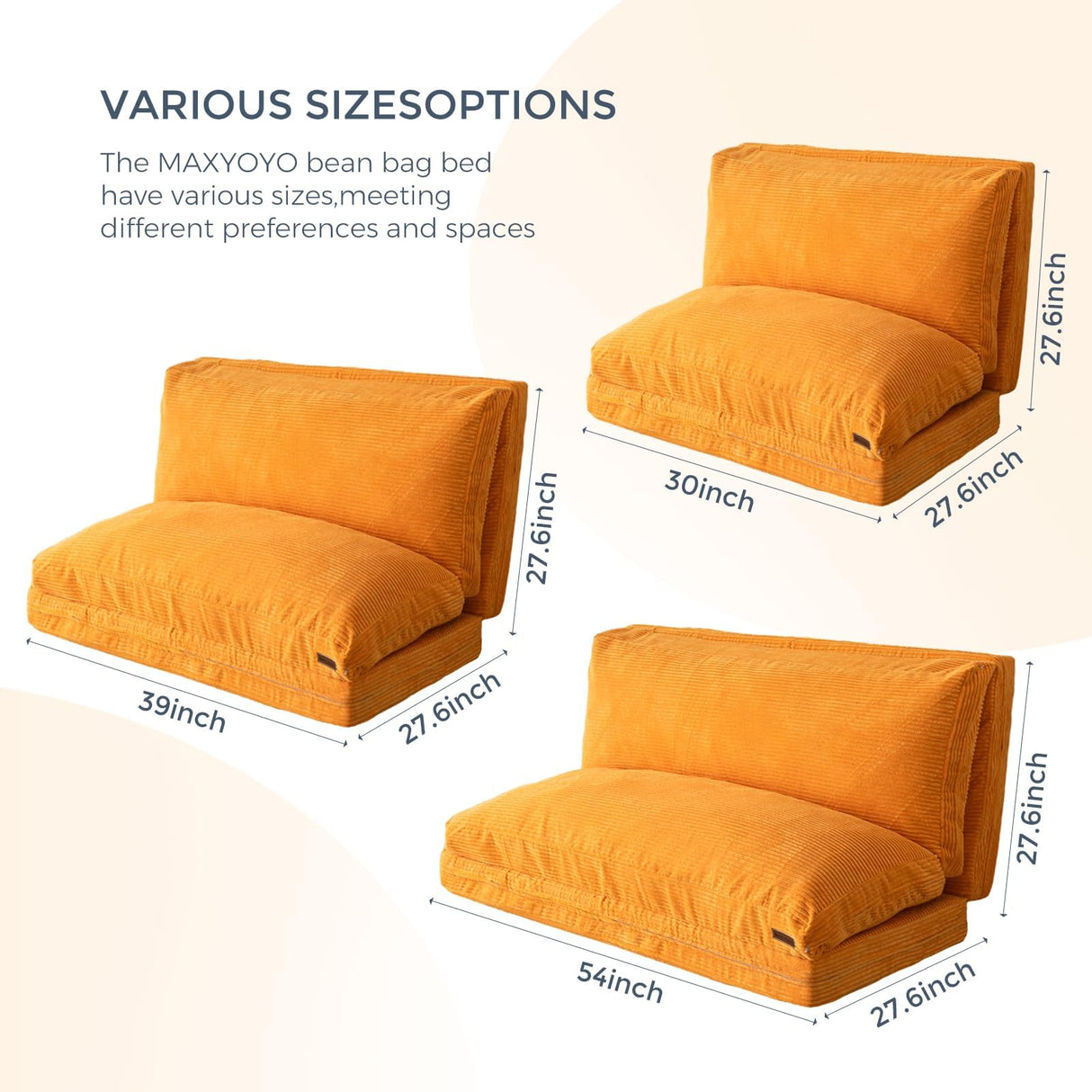 MAXYOYO Bean Bag Bed Folding Sofa Bed Floor Mattress for Adults, Extra Thick and Long Floor Sofa with Corded Washable Cover, Orange, 30x95 Inch MAXYOYO
