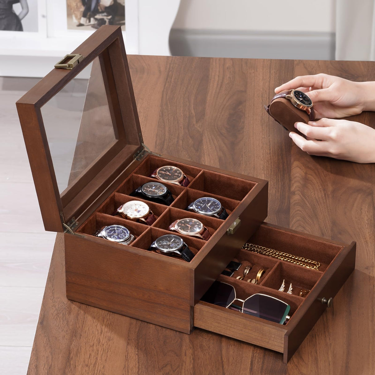 ProCase Wooden Watch Case for Men, 8 Slot Mens Watch Box With Drawer, 2-Layer Watch Display Case, 8 Watch Holder Organizer, Jewelry and Watch Storage Organizer for Men Women -8 Slot, Brown ProCase