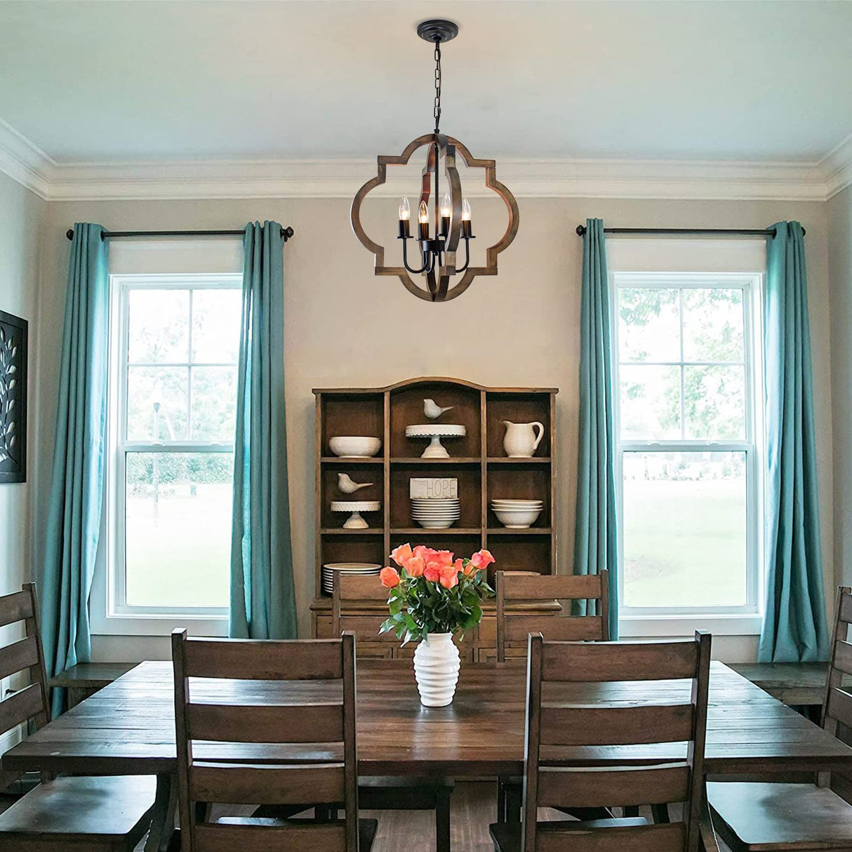 Rviezza 19.49'' Farmhouse Wood Chandelier, 4-Light Rustic Dining Room Light Fixture, Orb Chandelier Light Adjustable Height, Pendant Lighting for Kitchen Island Foyer Living Room Over Dining Table Rviezza