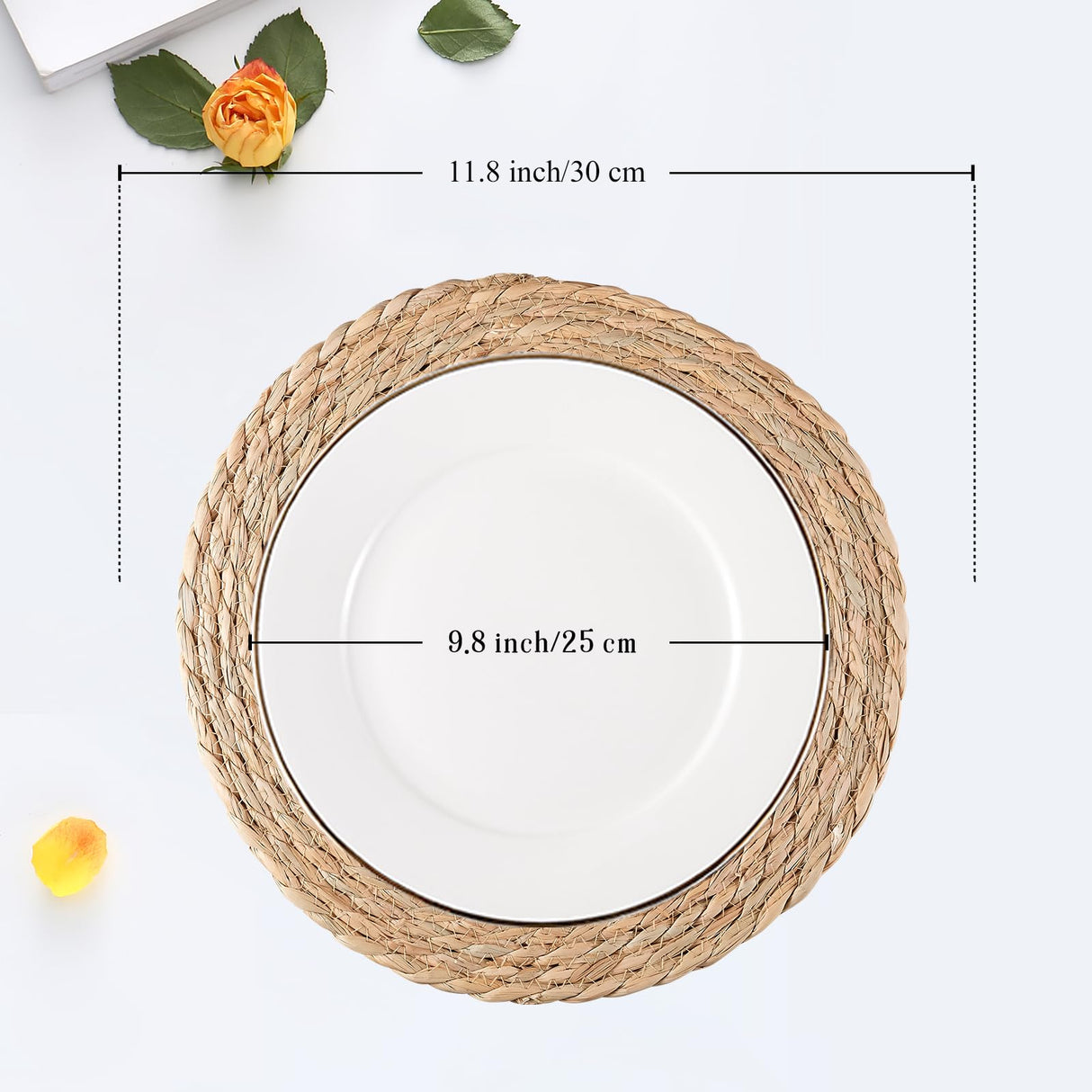 RUNTIVAN Round Woven Placemats Set of 6, Natural Water Hyacinth Place mats, 12 inch Rattan Placemats Wicker Placemats Farmhouse Boho Braided Heat Resistant Outdoor Placemat Patio Table Place Mats RUNTIVAN