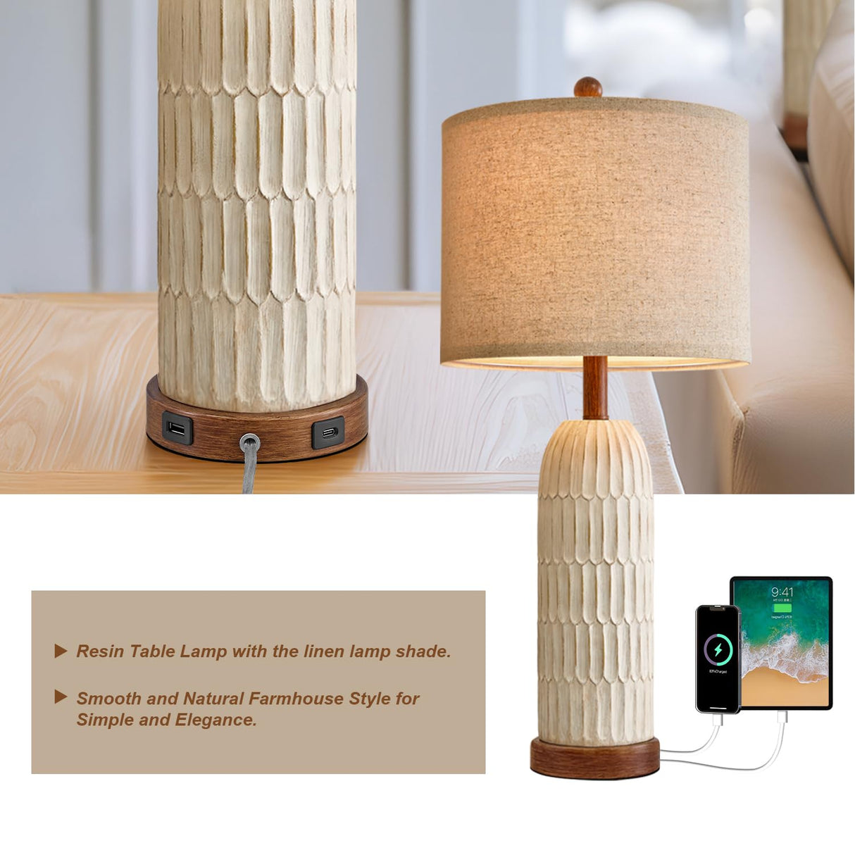 OYEARS 26.5" Table Lamp Set of 2 for Bedroom Living Room with USB A+C Charging Ports Modern Farmhouse Bedside End Lamps Rustic Nightstand Lamps,Brown OYEARS