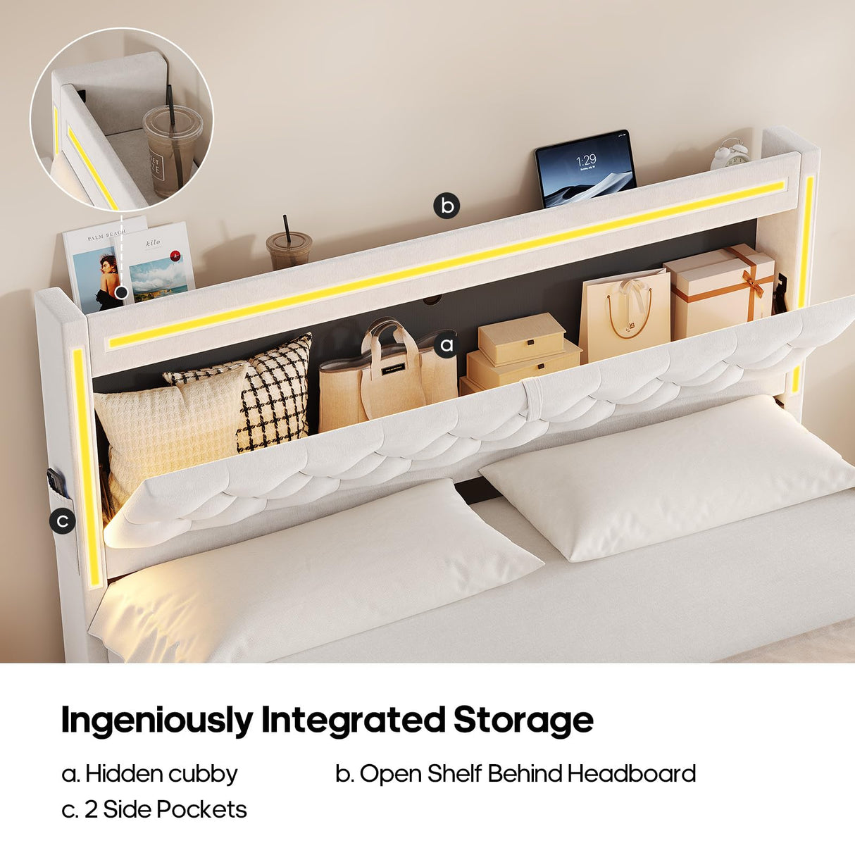 HAUOMS Queen Bed Frame with 3 XL Storage Drawers, Storage Headboard with RGB Lights & Charging Station, Velvet Upholstered Platform Bed Queen Size, No Box Spring Needed, Noise-Free, Creamy White HAUOMS