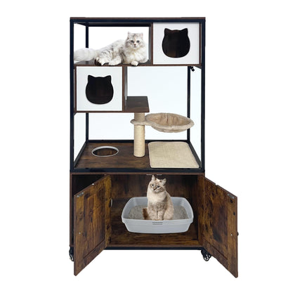Litter Box Furniture Cat Tree with Litter Box Enclosure, Wooden Metal Frame Hidden Cat Washroom on Wheels with Hammock, Scratching Mat & Post,Fit Most Litter Box Retro Brown