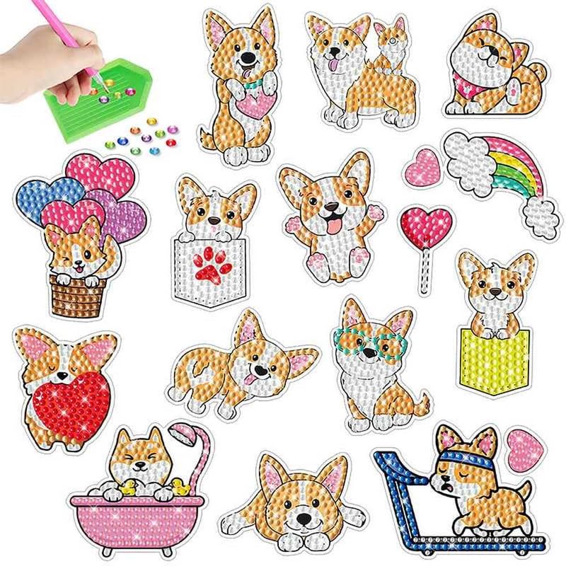 MEGZIHXN Kawaii Diamond Art Stickers,Corgi Puppy Peach Butt Sports Bath Hot Air Balloon Rainbow Love with Holographic Stickers Gem Painting Diamond Art Kits for Kids MEGZIHXN