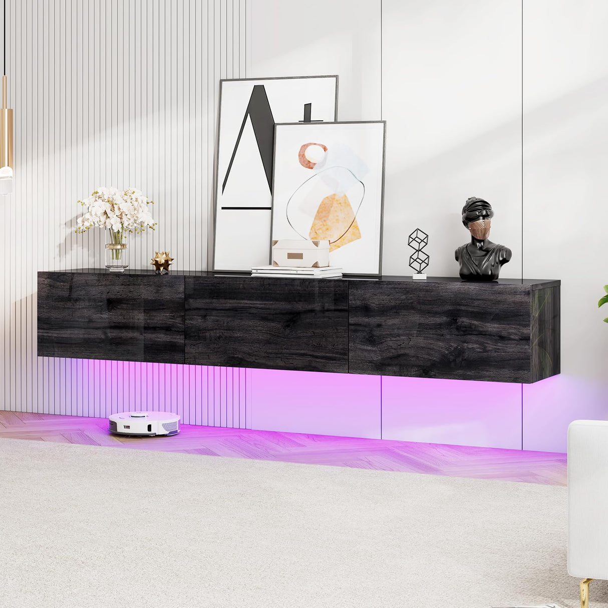 LUXOAK 70" Woodgrain High Gloss Floating TV Stand with LED Lights & Charging Station, Wall Mounted Media Entertainment Center for TVs Up to 80", Modern Floating TV Console for Living Room, Black LUXOAK