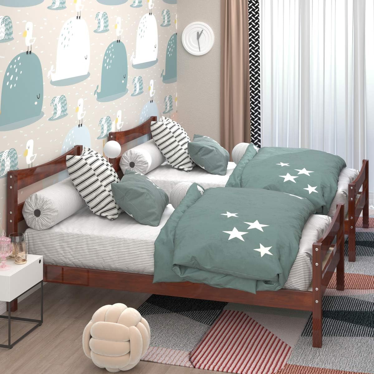 Giantex Wood Bed Frame Twin Size, Rustic Style Platform Bed w/Headboard & Footboard, Solid Wood Slat Support, No Box Spring Needed, Panel Bed Mattress Foundation for Kids (Walnut) Giantex