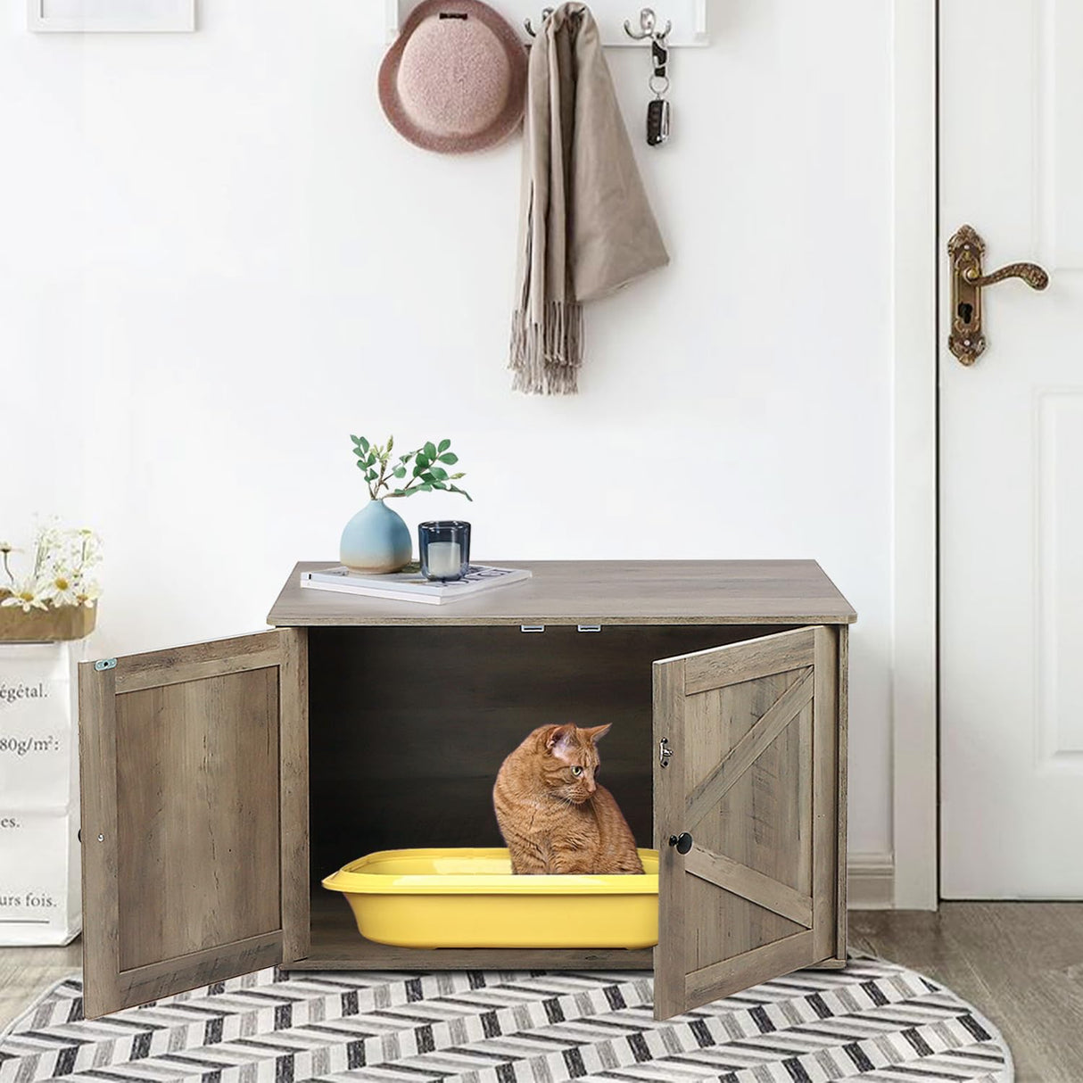 Timberer Cat Litter Box Enclosure, Litter Box Furniture Hidden with Removable Divider, Wooden Cat Washroom Furniture, Indoor Cat House, Greige Timberer