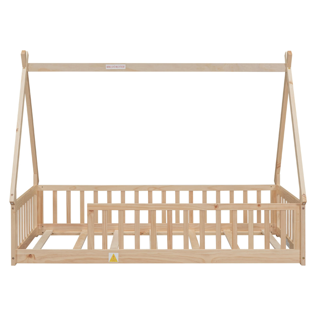 Mirightone Floor Bed for Kids, Twin Size Teepee Tent Beds, Montessori Floor Bed with Slats and Fence Rails, Wood House Bed Frame for Boys Girls, Natural Mirightone