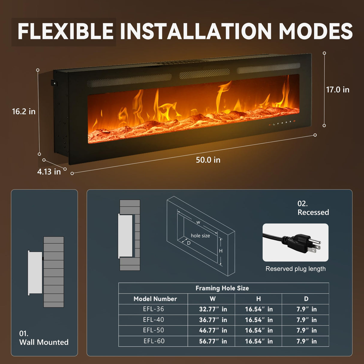 EUHOMY 50 Inch Electric Fireplace Wall Recessed and Wall Mounted with Adjustable Flame Color, Fireplace Heater with Remote Control, Linear Fireplace with Timer, Touch Screen, Log & Crystal, 750/1500W EUHOMY