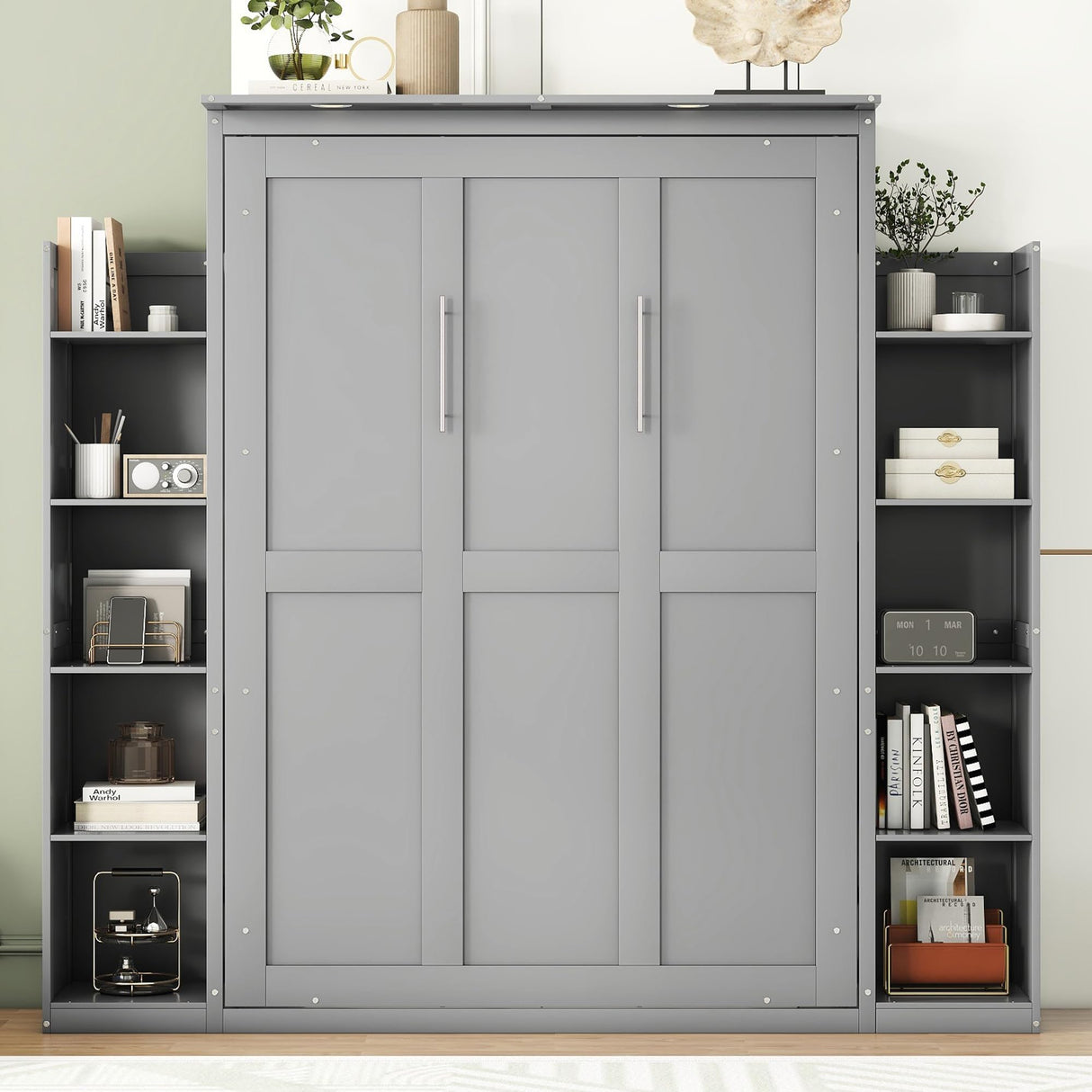Merax Full Size Murphy Bed, Wooden Full Wall Bed with Shelves and LED Lights, Gray Merax