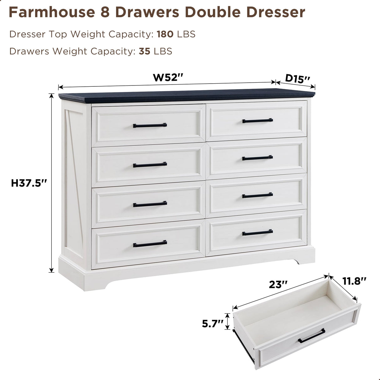 ACCOHOHO Farmhouse 8 Drawers Dresser Chests for Bedroom,52" Wide Wood Rustic Chest of Drawers with Metal Handle,Natural Texture,Drawer Organizer for Bedroom,Living Room,Hallway and Entryway,White ACCOHOHO