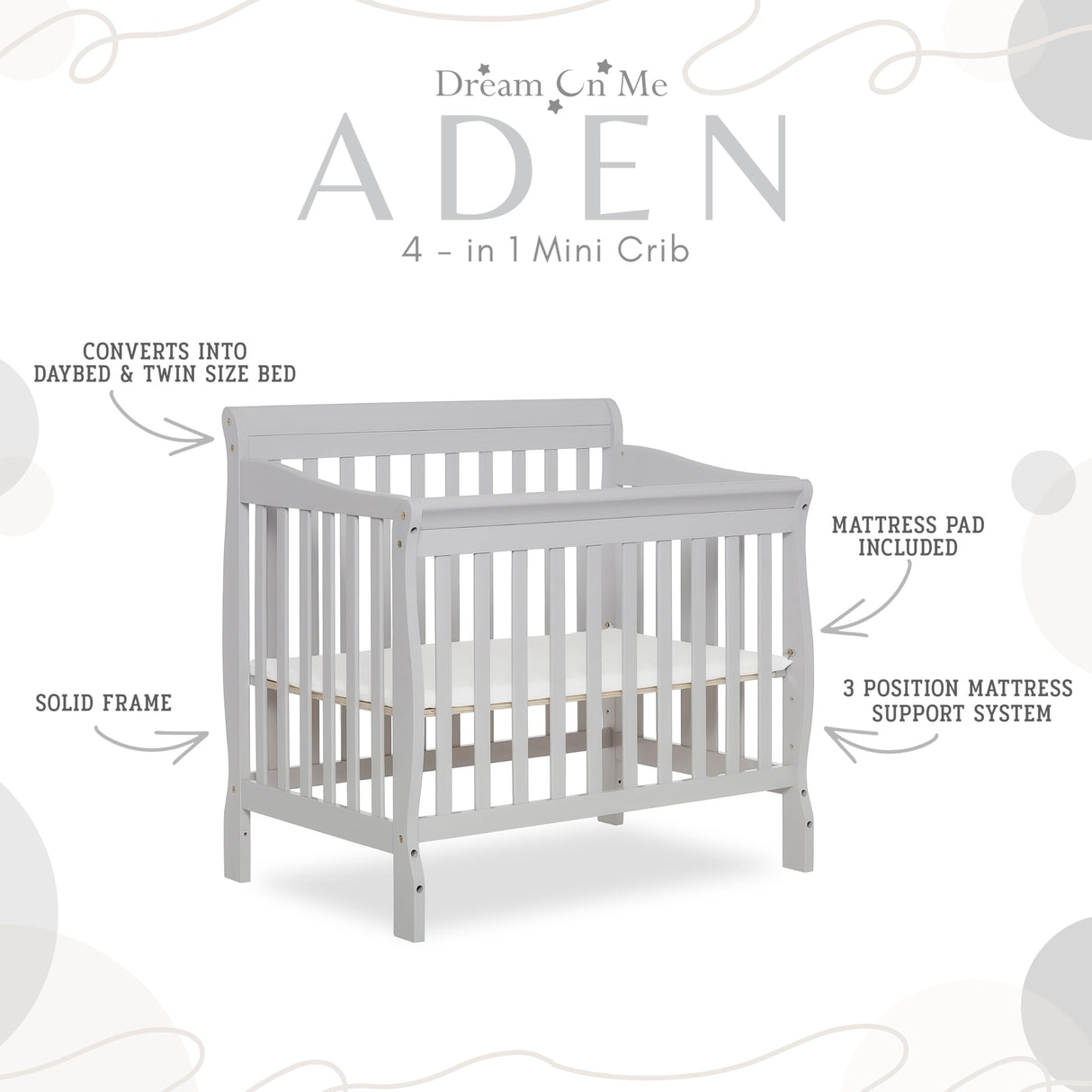 Dream On Me Aden 4-in-1 Convertible Mini Crib In Grey, Greenguard Gold Certified, Non-Toxic Finish, New Zealand Pinewood, With 3 Mattress Height Settings Dream On Me