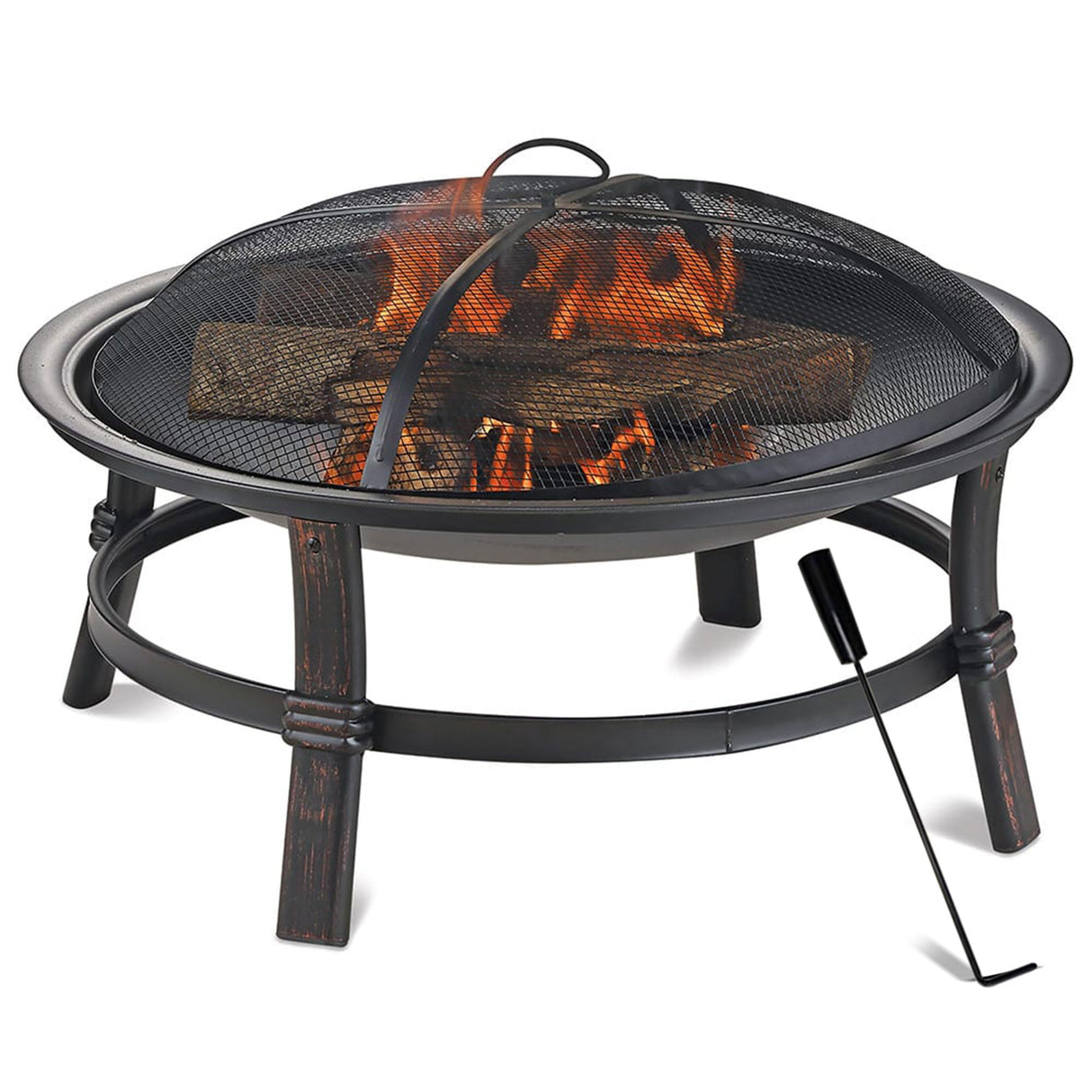 Mr. Bar-B-Q 29 Inch Wood Burning Steel Fire Pit Bowl Outdoor Bonfire Fireplace with Spark Screen and Poker for Deck, Patio, and Backyard Porch, Black Endless Summer