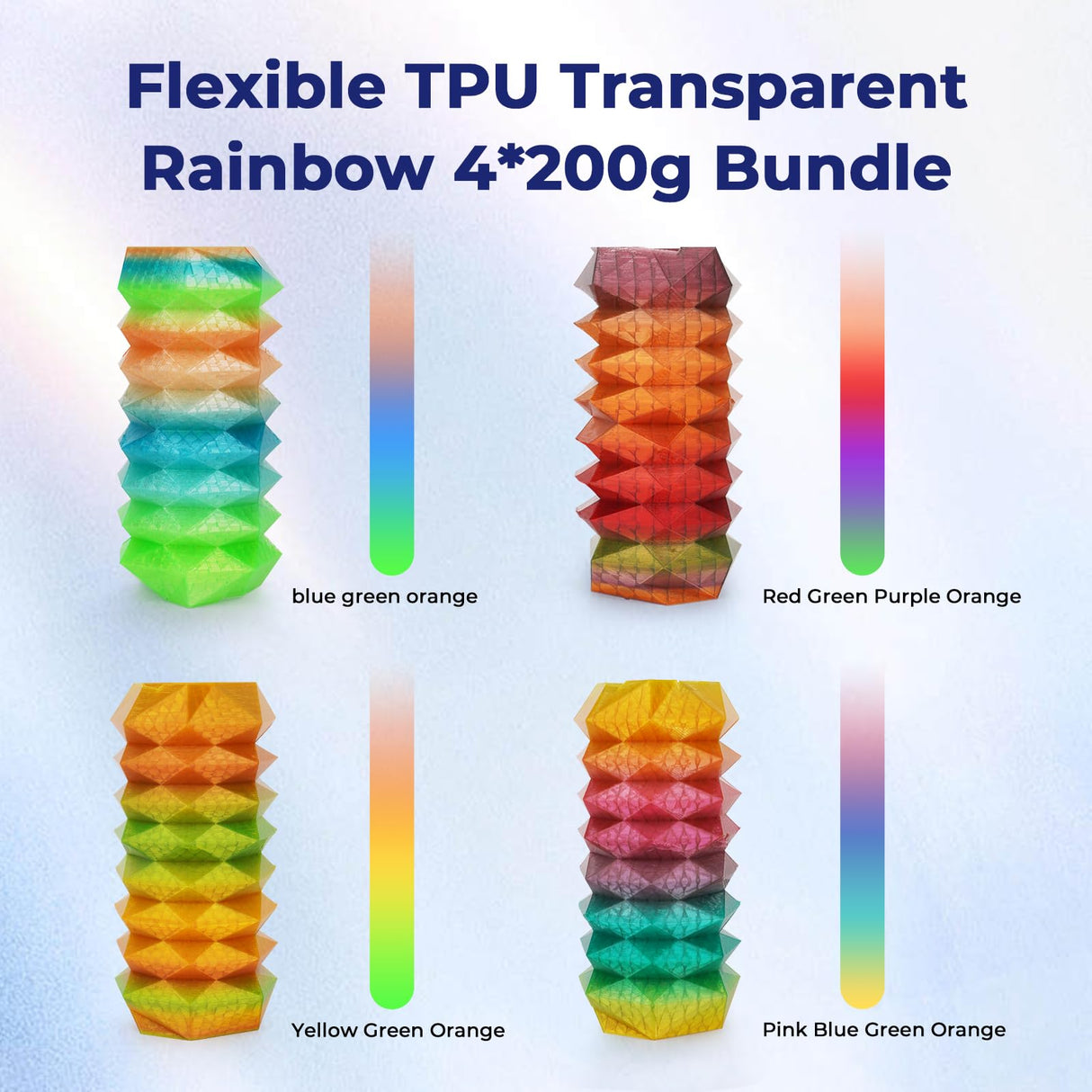 AMOLEN TPU 3D Printer Filament Bundle, Transparent Multicolor Rainbow TPU 1.75mm, Color Change Flexible Soft TPU 3D Printing Filament Supports High Speed, 200gX4 Spools AMOLEN