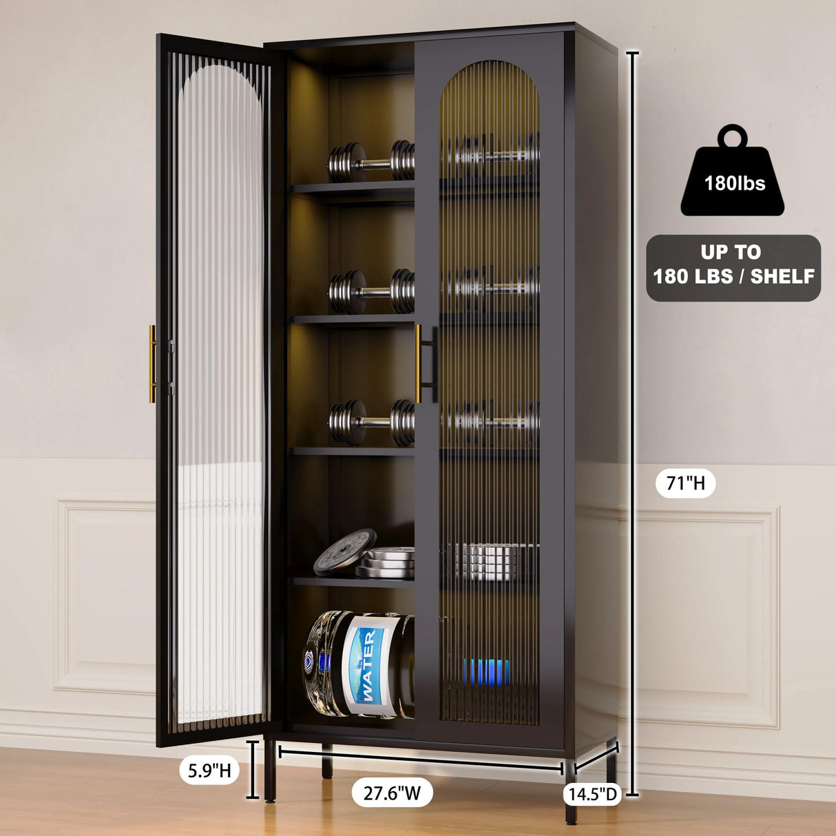 YILFANA 71” Tall Glass Cabinet, Display Case with Glass Doors and Lights, Metal Storage Cabinets, Hutch Cabinet with Adjustable Shelves, Storage Cabinets for Dining Room, Living Room,Kitchen, Black YILFANA