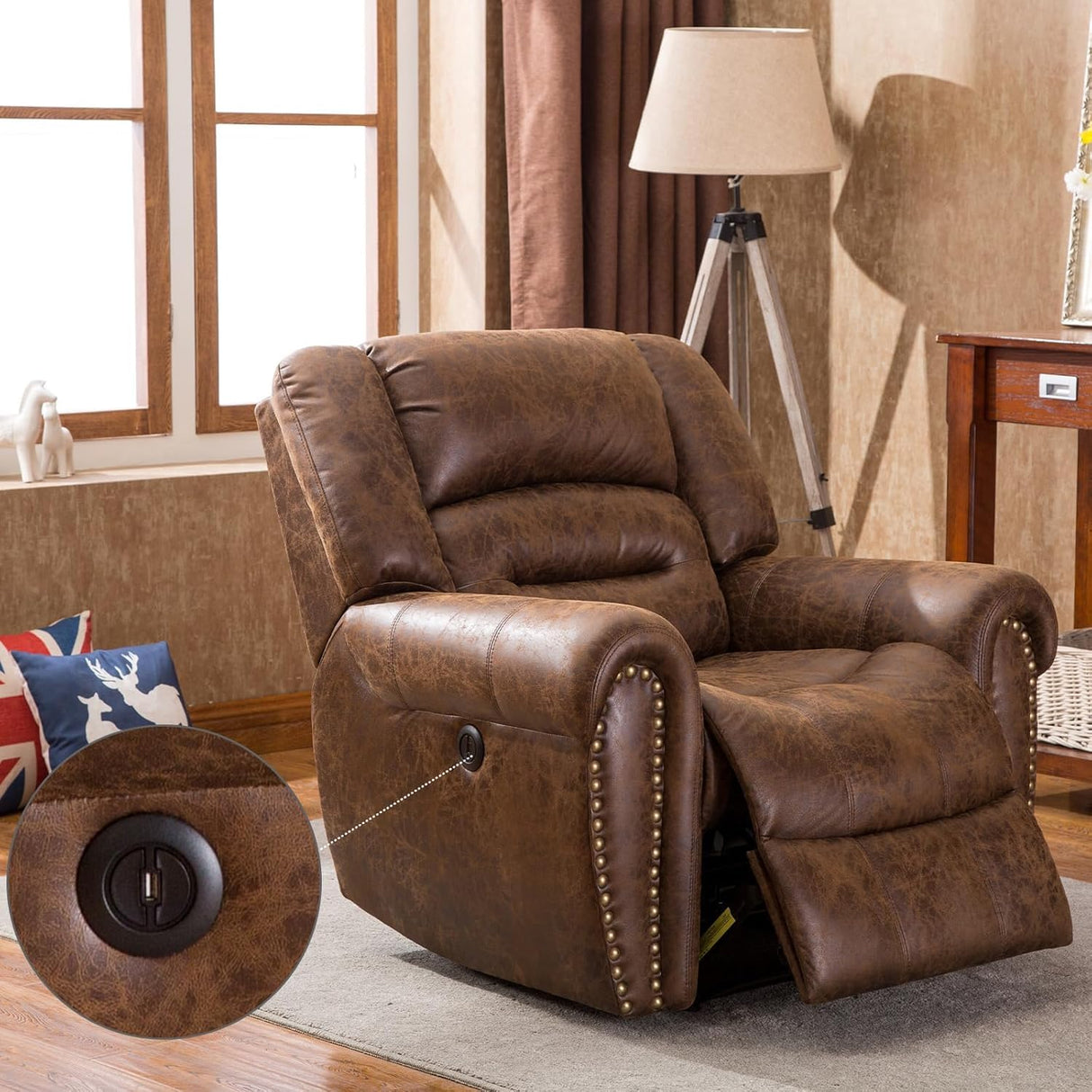 CANMOV Power Recliner Chair,Faux Leather Electric Recliner Chair with Padded Arms and Adjustable Backrest,Single Sofa with USB Charger for Living Room,Nut Brown CANMOV