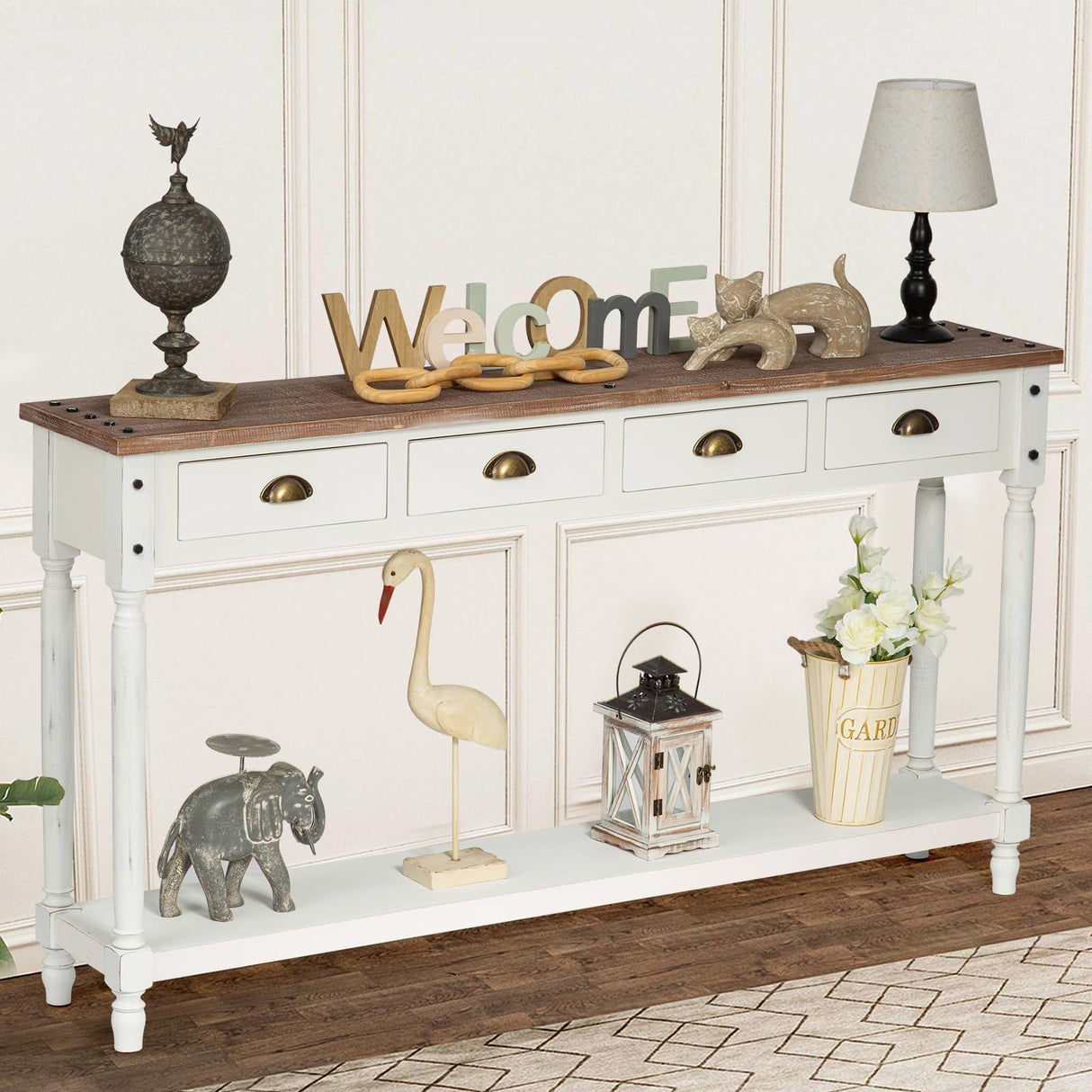 Wnutrees Farmhouse Console Table with 4 Drawers, 60" Long Narrow Boho Sofa Foyer Table with Large Storage Space, Solid Wood Frame and Legs for Entryway, Hallway, Living Room, White Wnutrees