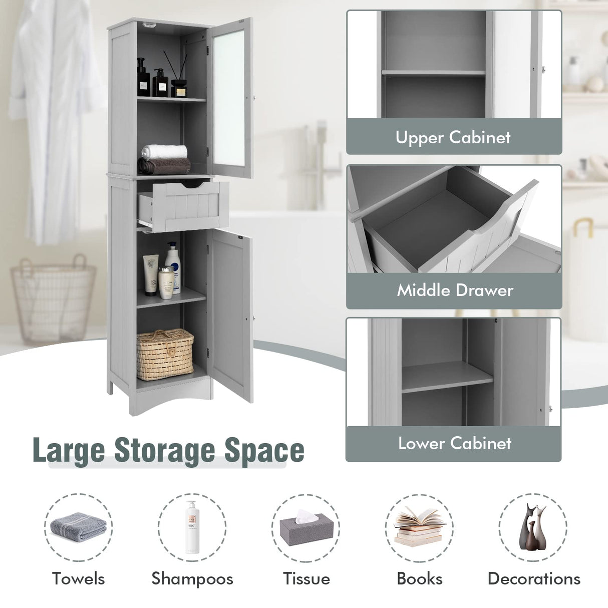 Tangkula 67" Tall Bathroom Storage Cabinet, Slim Freestanding Tower w/ 2 Doors & 1 Drawer, Narrow Floor Cabinet w/Adjustable Shelves & Tempered Glass Door for Bathroom Living Room (Grey) Tangkula