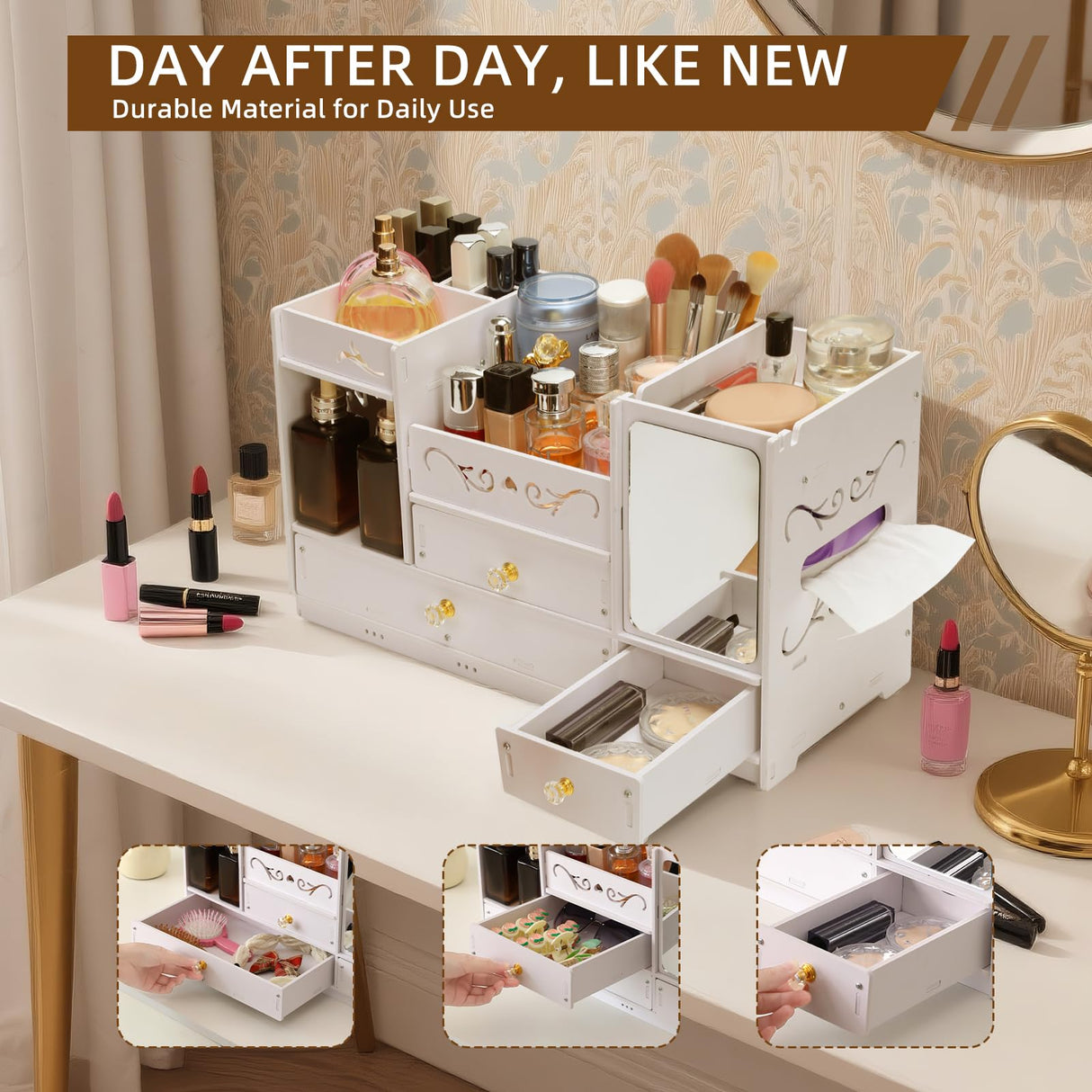 Wtufaelk Wooden Makeup Organizer for Vanity - Large White Countertop Organizer with Mirror, 3 Drawers & Brush Holder | Cosmetic & Skincare Storage Desk Organizer for Dorm, Bathroom Wtufaelk