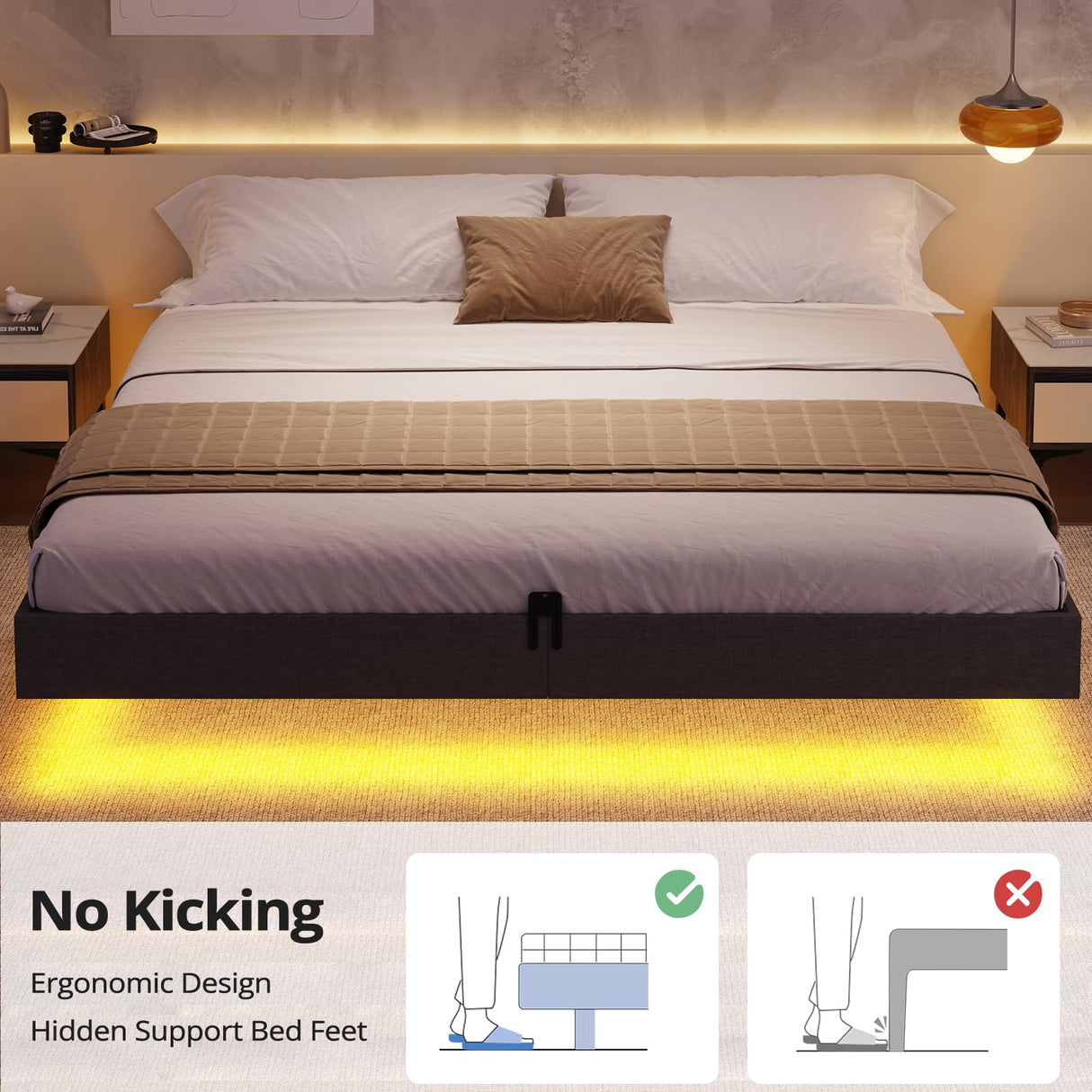 BTHFST King Size Floating Bed Frame with LED Lights – Modern Metal Platform Design BTHFST