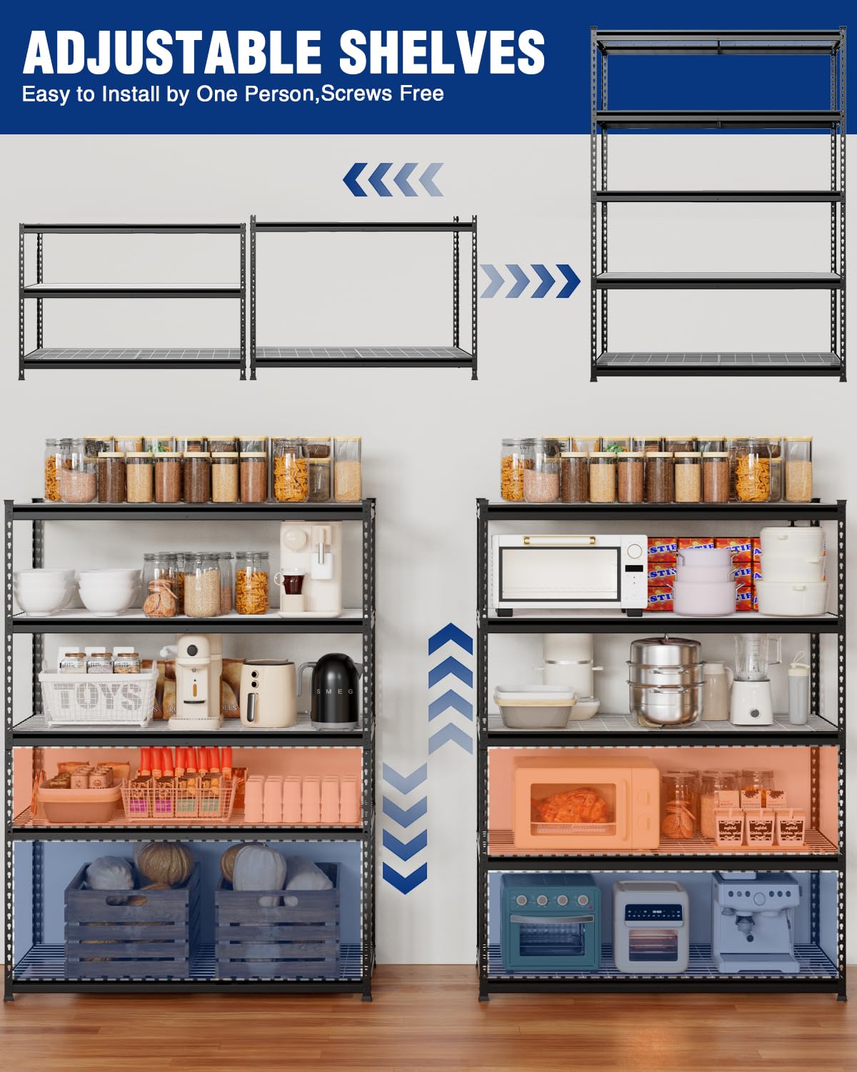 WORKPRO 5-Tier Heavy Duty Metal Shelving Unit, 72”H x 48”W x 24”D, Adjustable Storage Rack with 4000 lbs Capacity, for Garage, Basement, Workshop, Warehouse WORKPRO