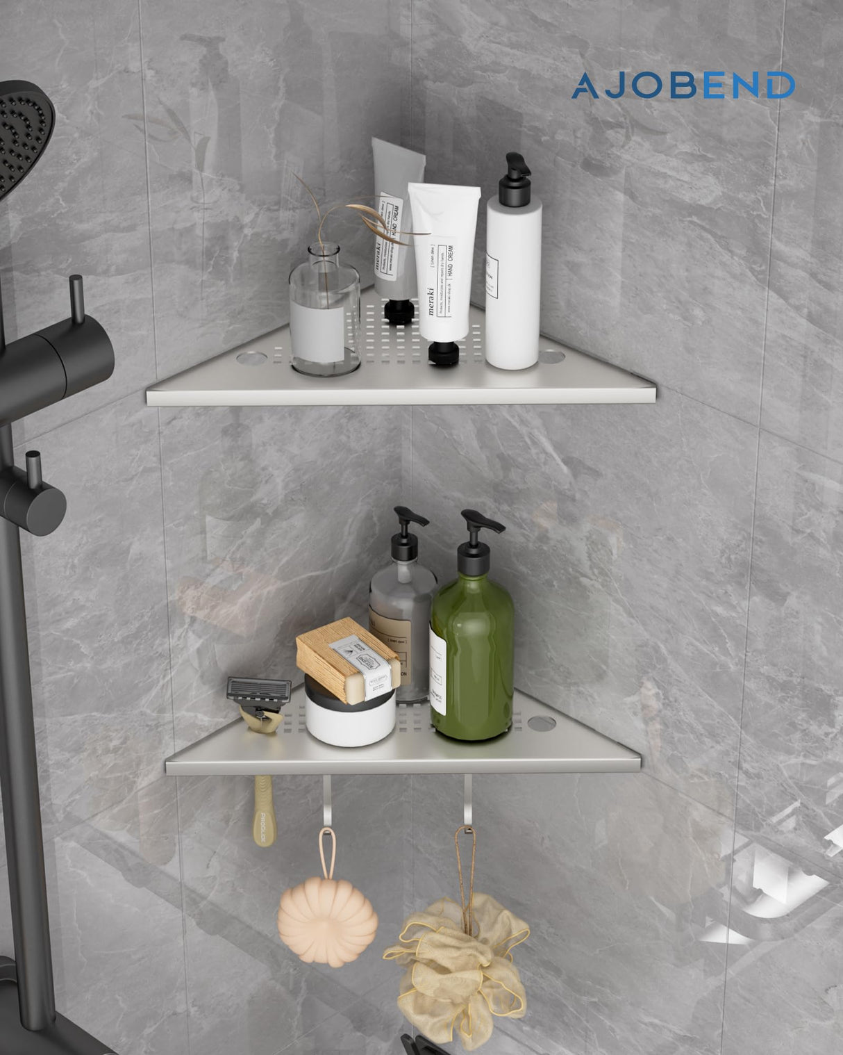 AJOBEND Corner Shower Shelves with Razor Slot & 2 Hooks, 10" Stainless Steel Recessed Triangle Shelf Racks for Bathroom, Grout in Shelf for Tiled Wall, 2 Pack (Holds 15lbs) AJOBEND